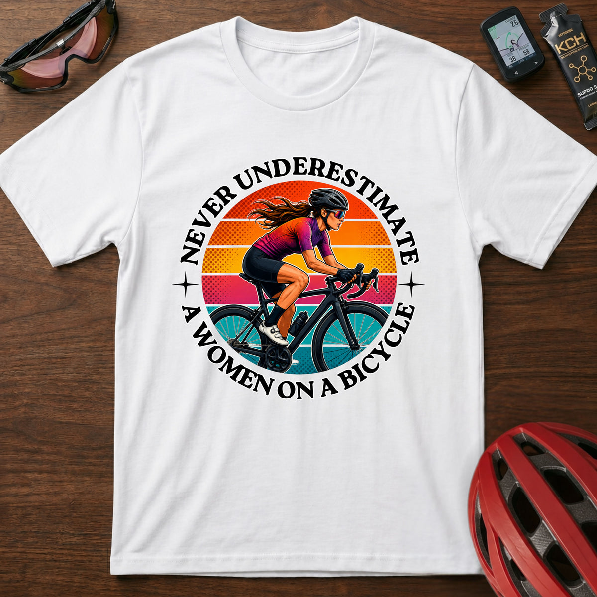 Never Underestimate A Woman On A Bicycle T-Shirt — Retro Cycling Tee for Women