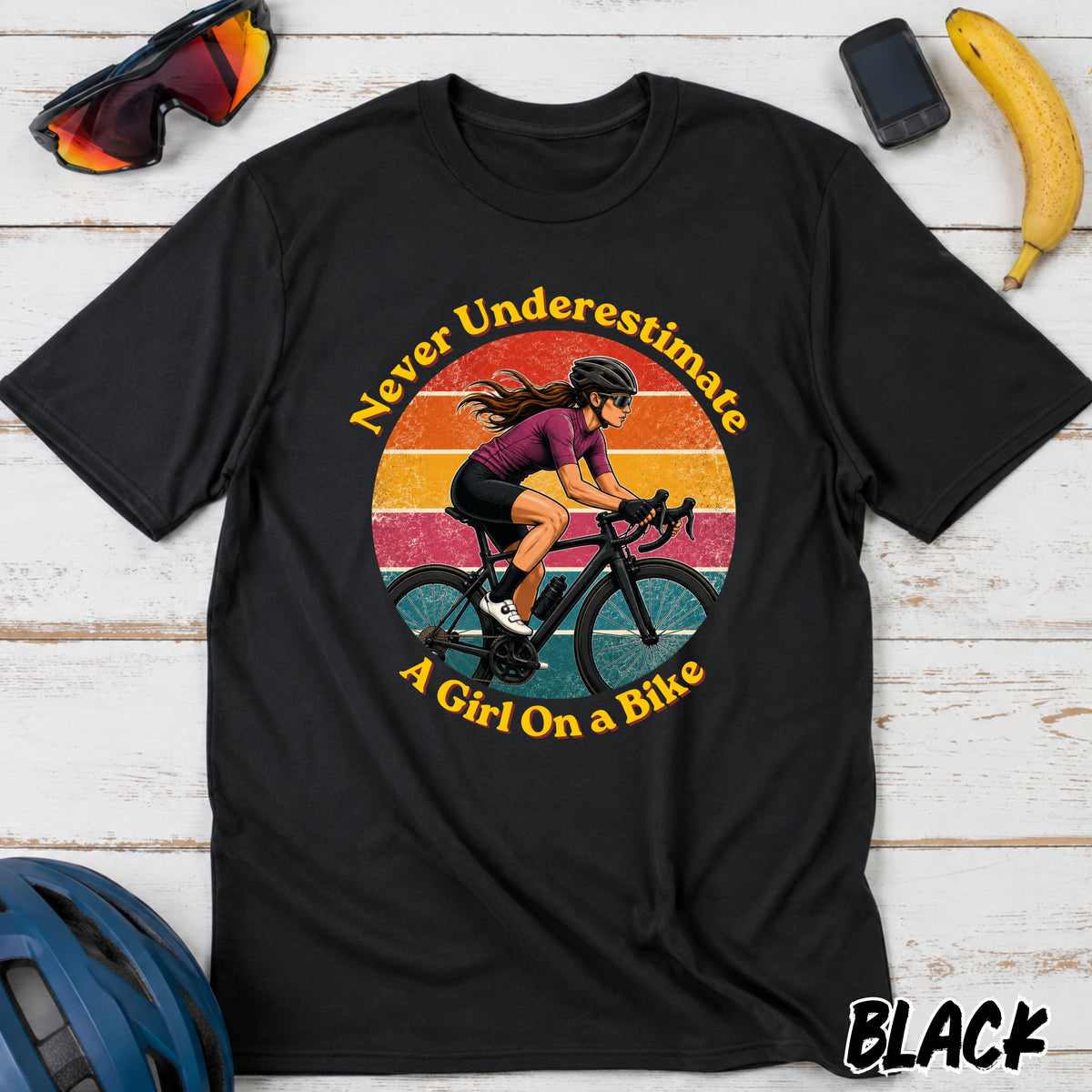 Never Underestimate A Girl On A Bike T-Shirt β Retro Cycling Tee for Women & Girls