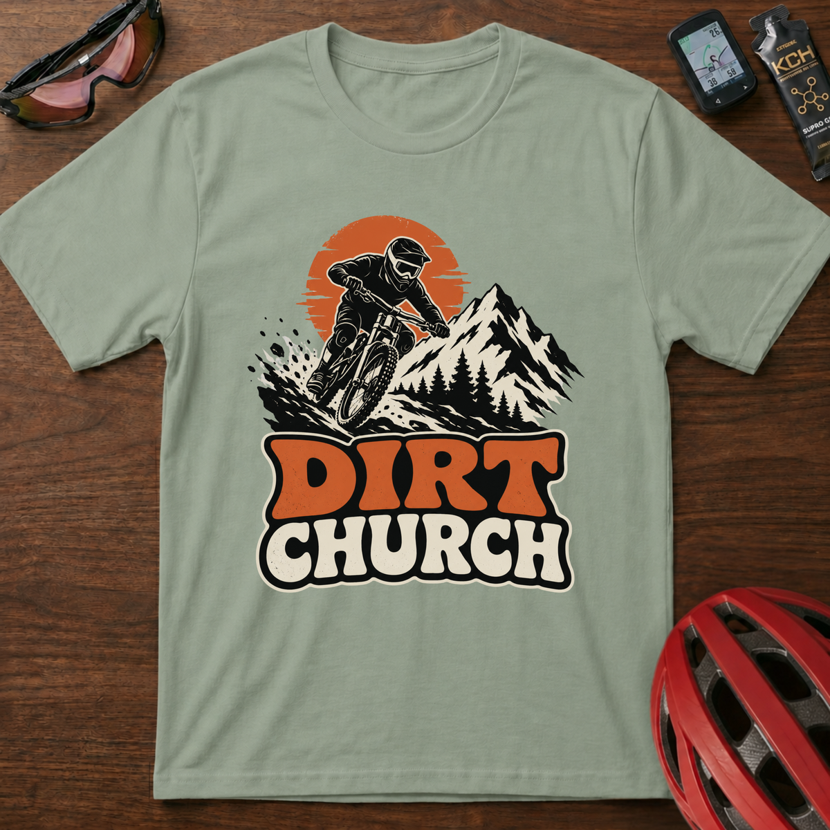 Dirt Church Mountain Biking T-Shirt β Retro Sunset MTB Tee