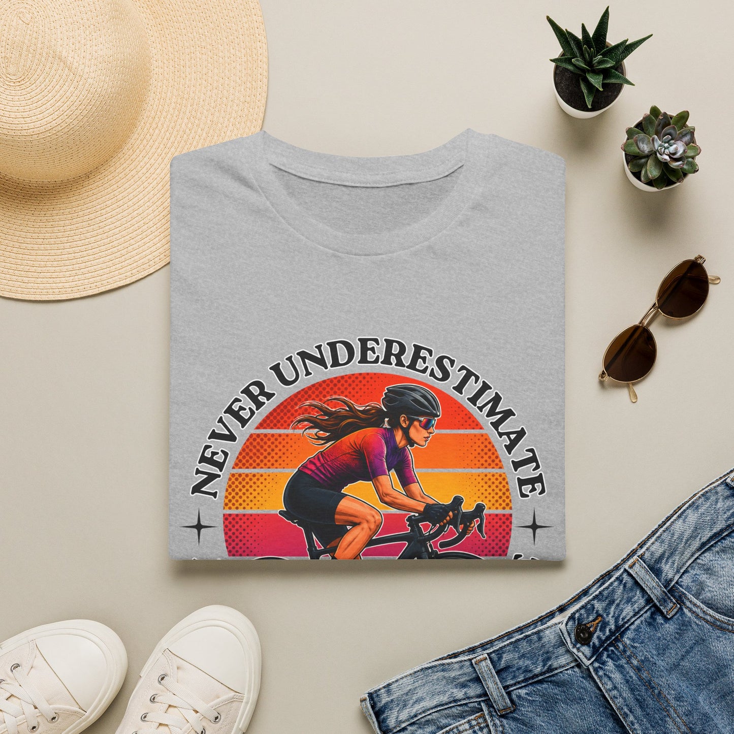 Never Underestimate A Woman On A Bicycle T-Shirt — Retro Cycling Tee for Women