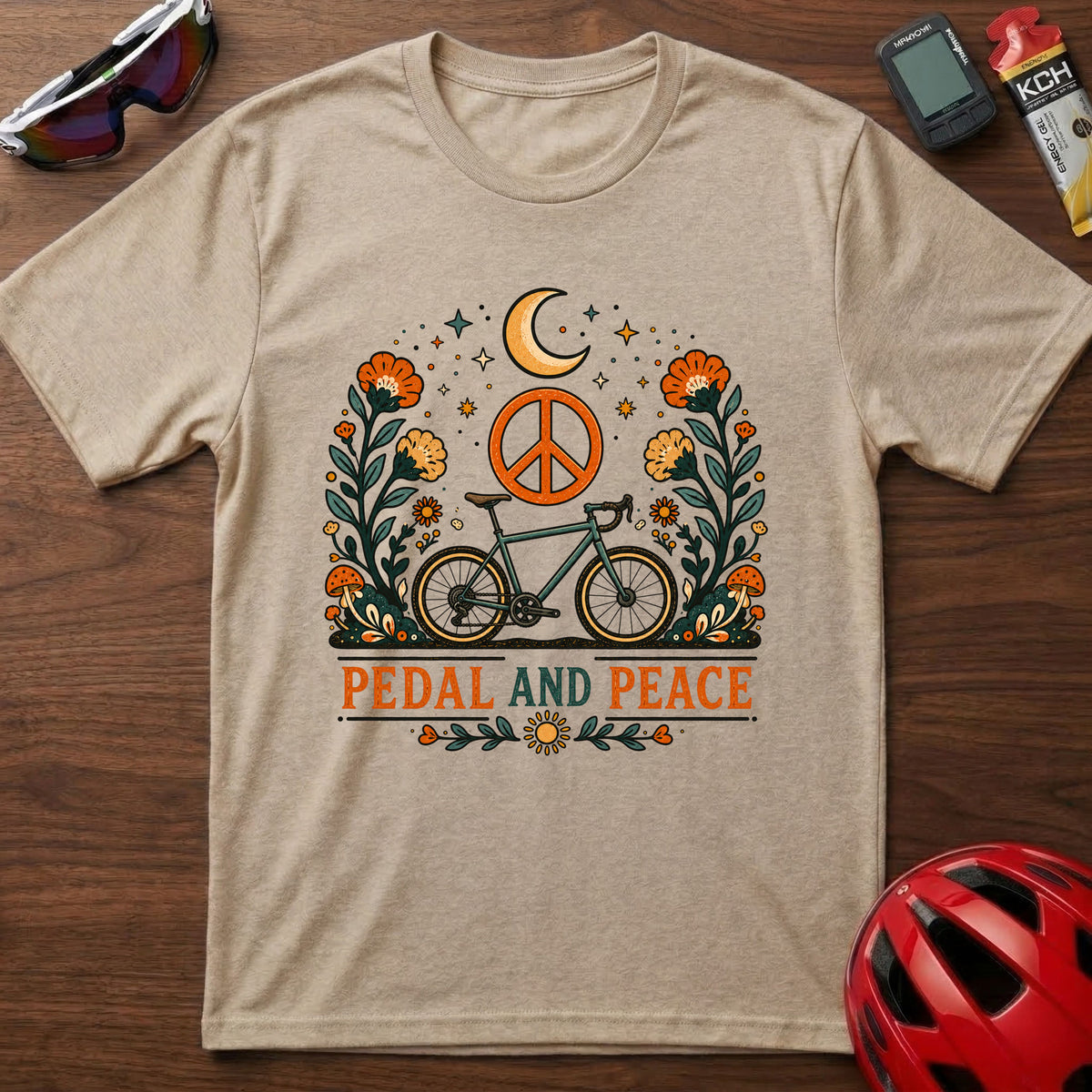 Pedal and Peace Cycling T‑Shirt — Moon, Flowers & Peace Sign Cycling Tee