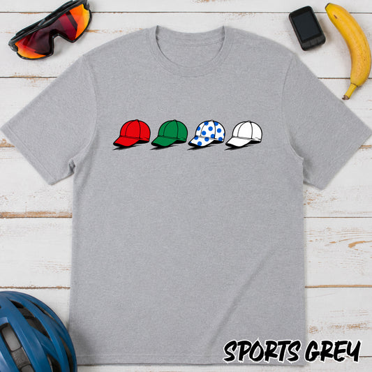 La Vuelta Leaders Jersey Caps T‑Shirt — Red Green Polka Dot White Hat Graphic Tee