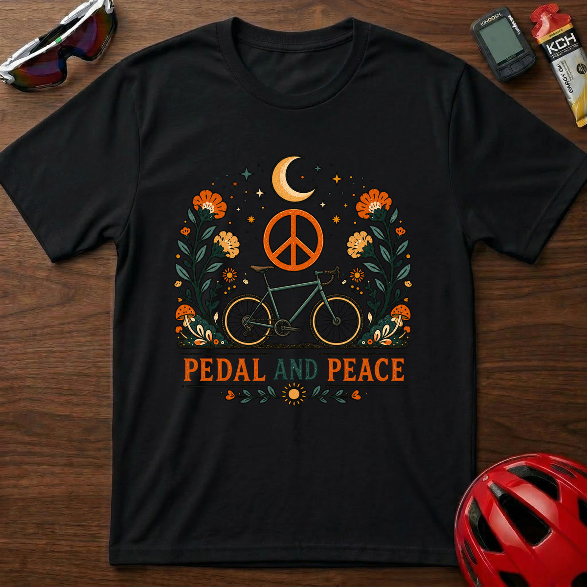 Pedal and Peace Cycling T‑Shirt — Moon, Flowers & Peace Sign Cycling Tee