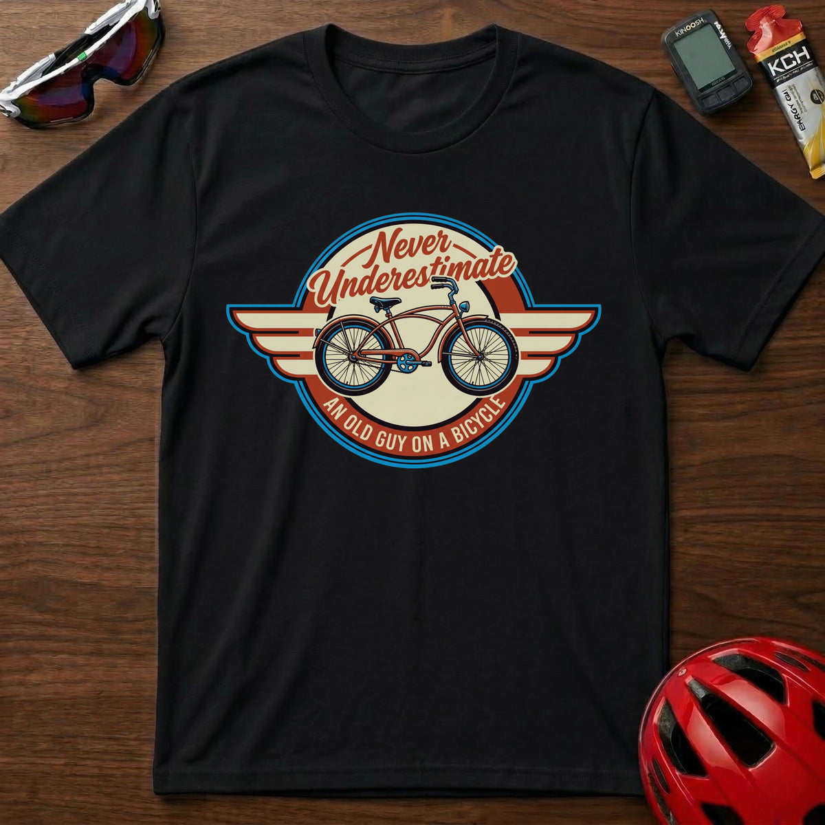 Cycling T-Shirt β "Never Underestimate a Man on a Bicycle" Retro Bike Graphic