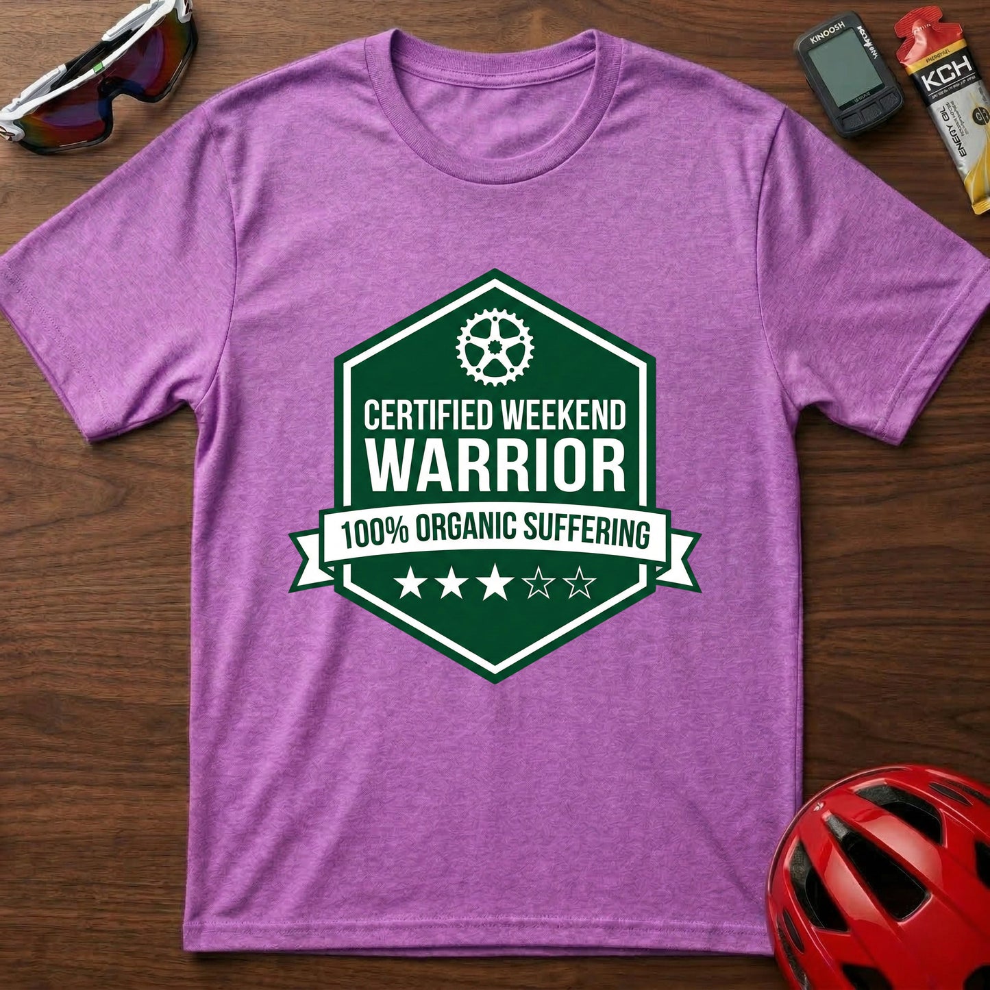 Weekend Warrior Cycling T-Shirt — “Certified Weekend Warrior: 100% Organic Suffering” Badge Tee