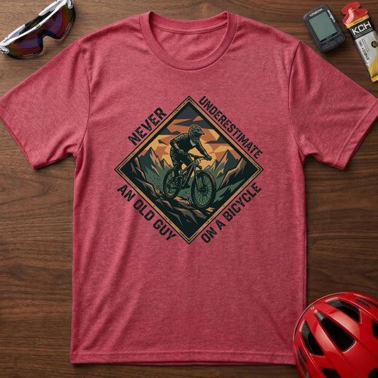 Never Underestimate an Old Guy on a Bicycle T-Shirt — Vintage Mountain Biking Tee for Cyclists & Outdoor Dads
