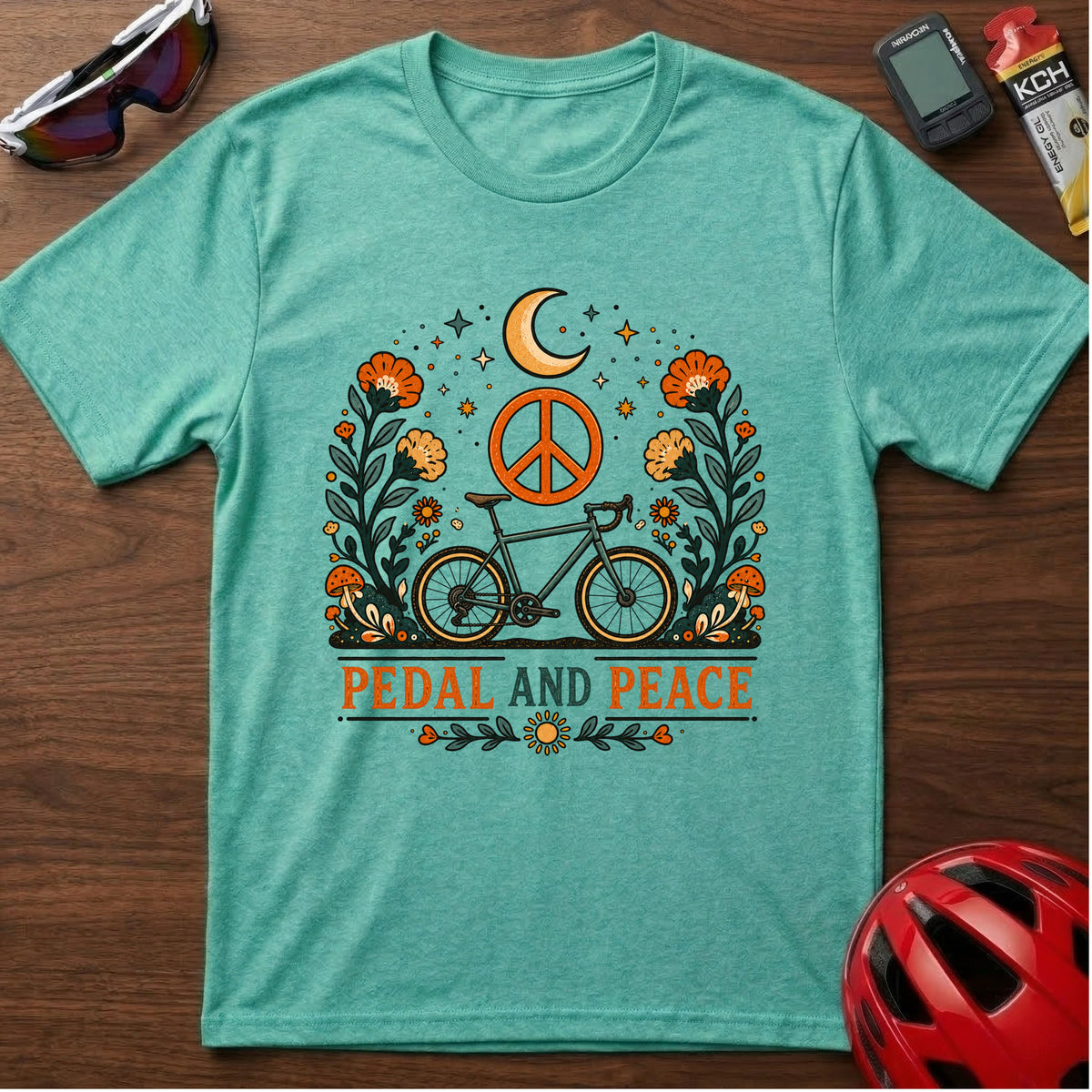 Pedal and Peace Cycling T‑Shirt — Moon, Flowers & Peace Sign Cycling Tee