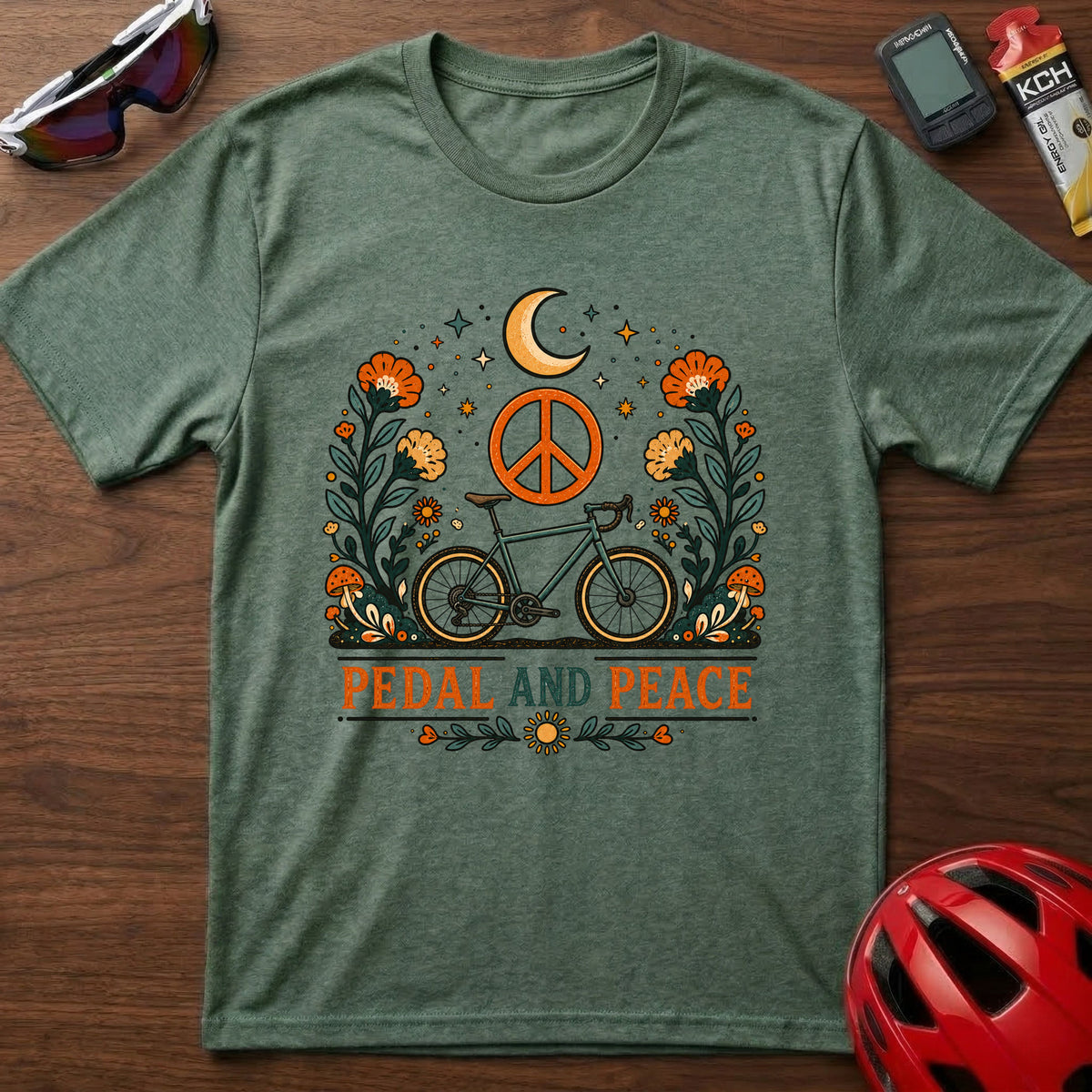 Pedal and Peace Cycling T‑Shirt — Moon, Flowers & Peace Sign Cycling Tee