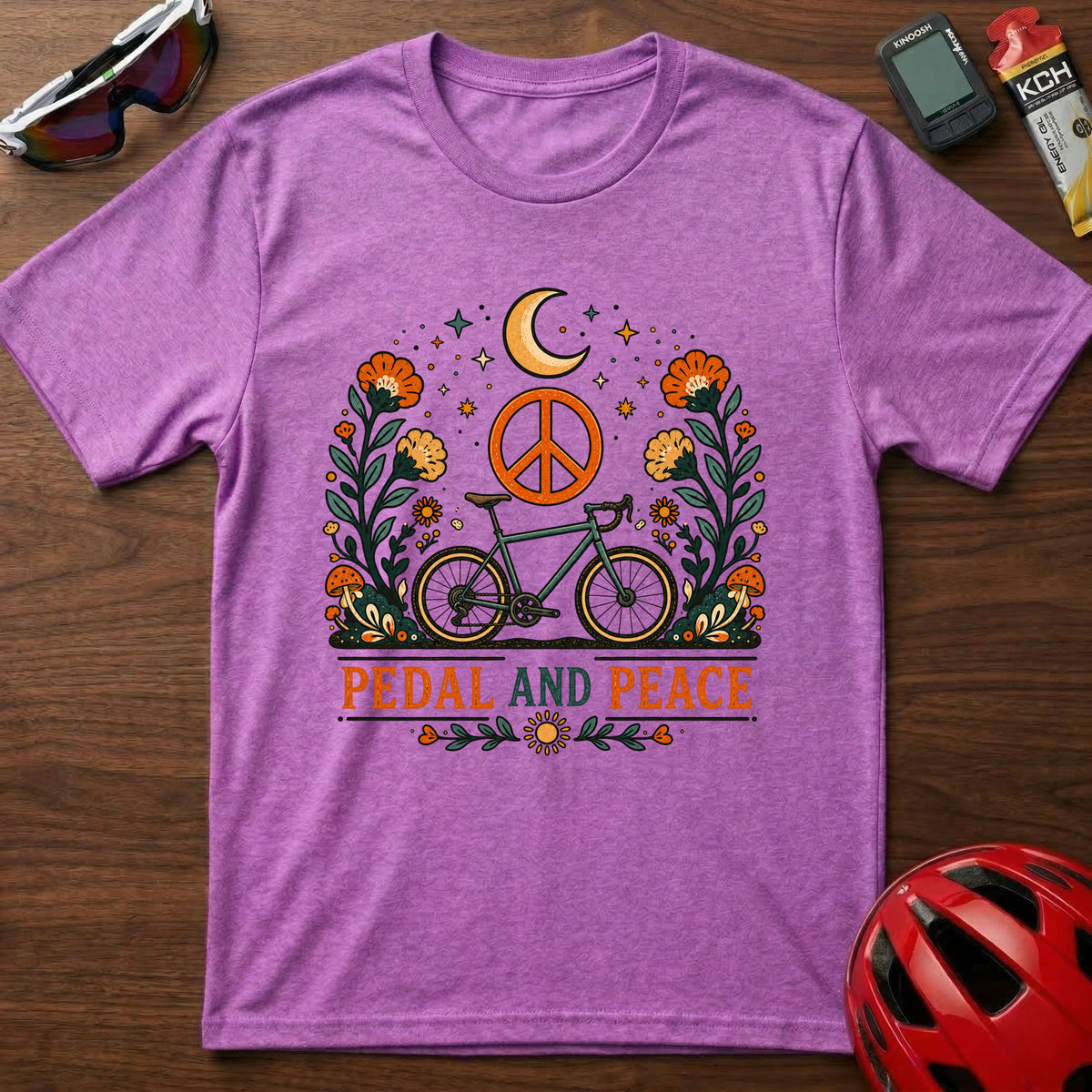 Pedal and Peace Cycling T‑Shirt — Moon, Flowers & Peace Sign Cycling Tee