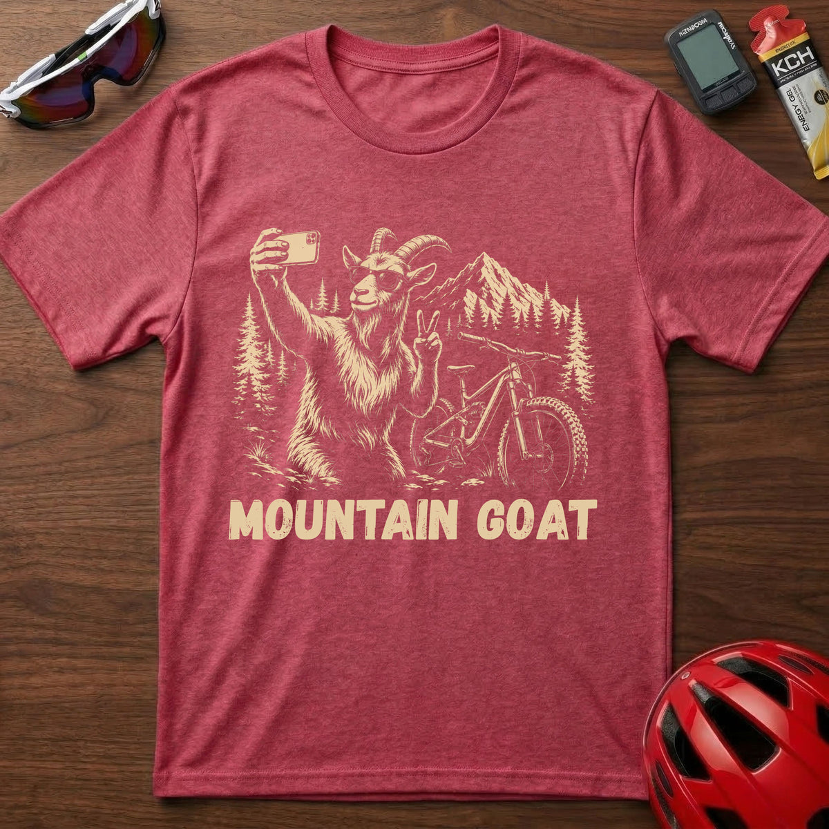 Mountain Goat Cycling T-Shirt β Funny Biking Selfie Tee for Outdoor and Trail Lovers