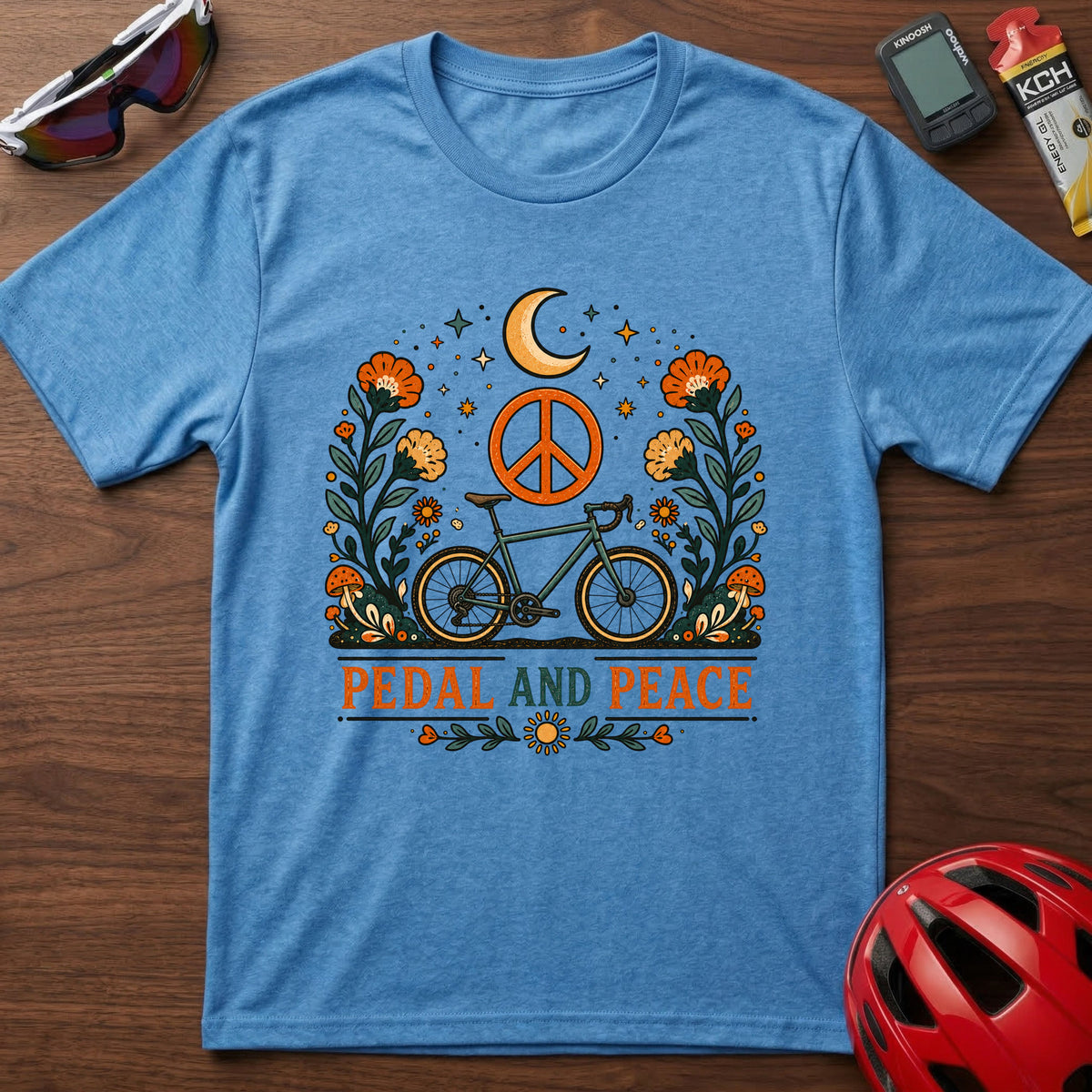 Pedal and Peace Cycling T‑Shirt — Moon, Flowers & Peace Sign Cycling Tee