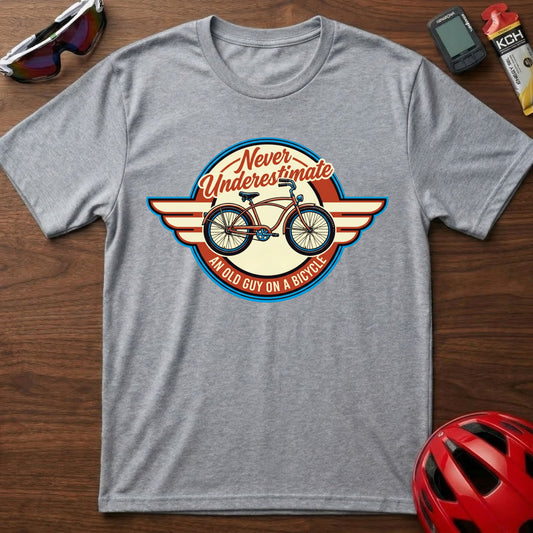 Cycling T-Shirt β "Never Underestimate a Man on a Bicycle" Retro Bike Graphic