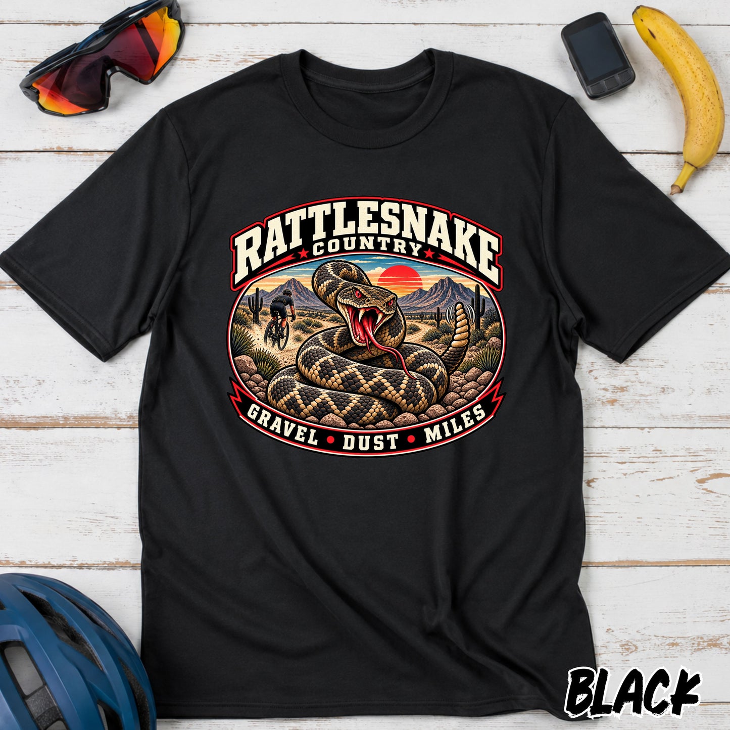 Rattlesnake Country Graphic Gravel Cycling T-Shirt — Desert Snake 'Gravel Dust Miles' Tee