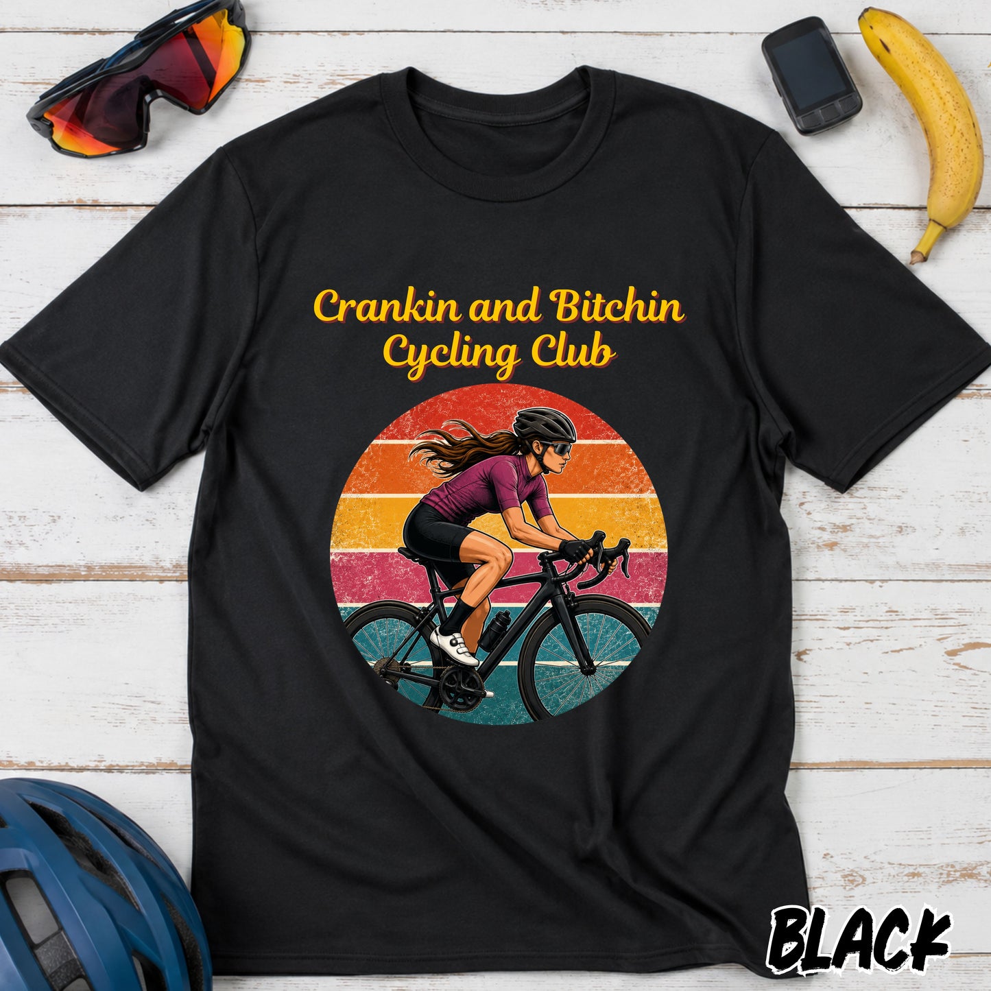 Crankin and Bitchin Cycling Club T-Shirt — Retro Female Cyclist Graphic Tee