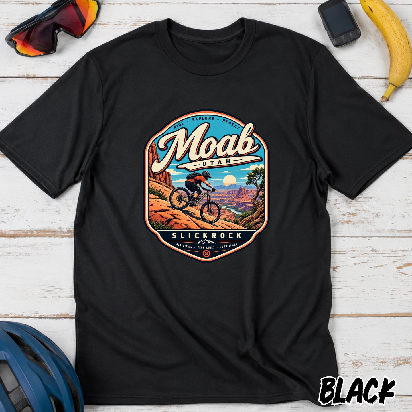 Moab Utah Mountain Biking T-Shirt — Retro Desert MTB Adventure Tee