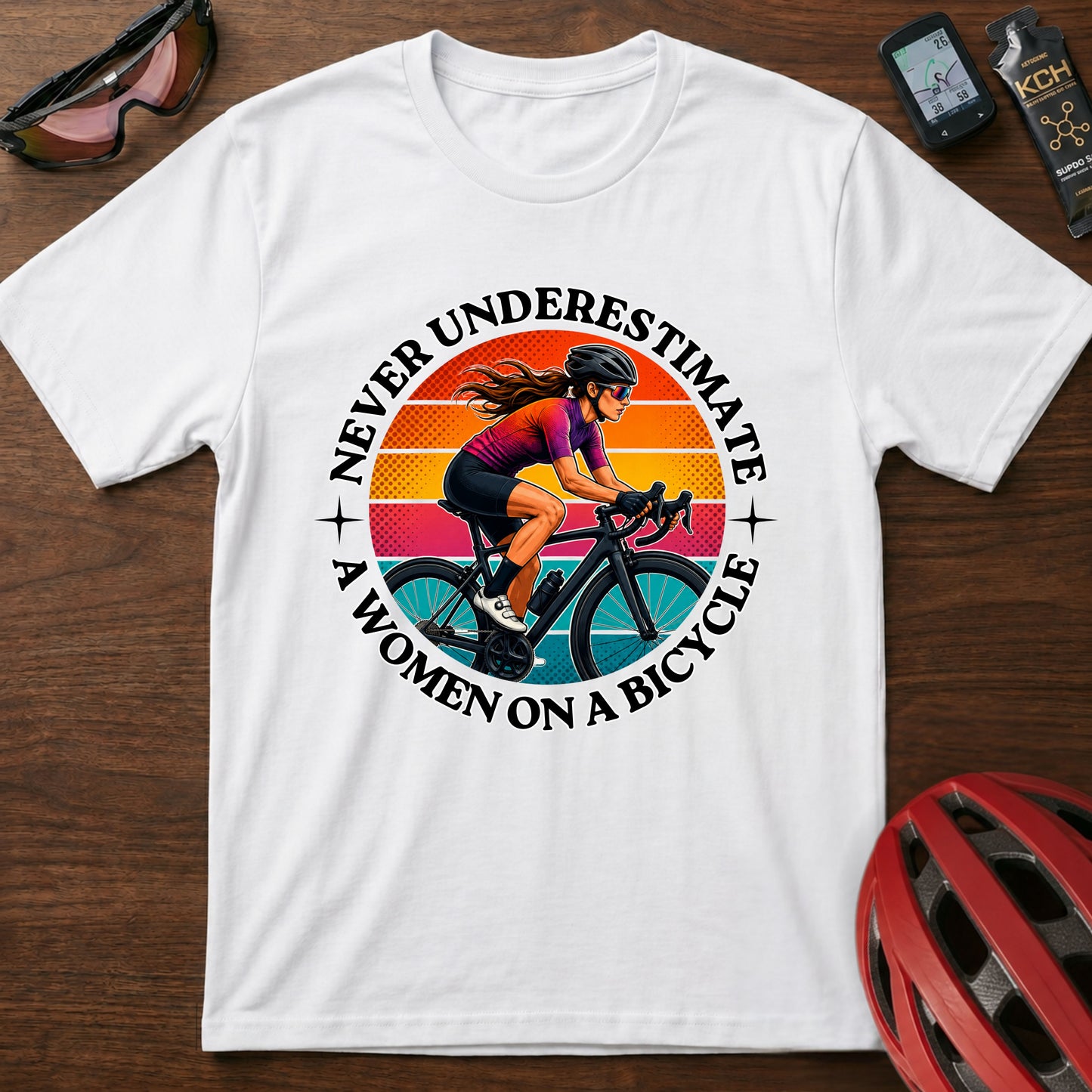 Never Underestimate A Woman On A Bicycle T-Shirt — Retro Cycling Tee for Women