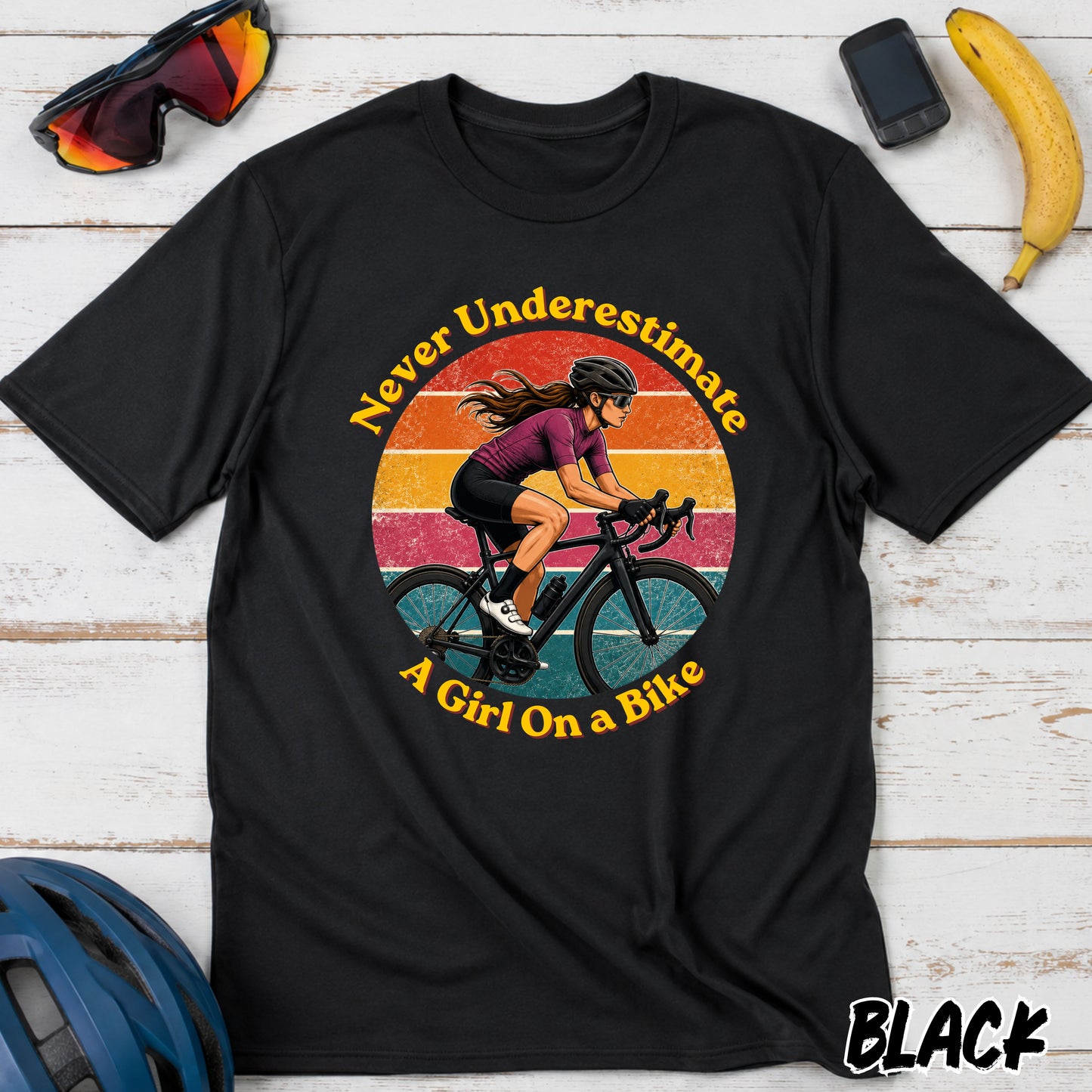 Never Underestimate A Girl On A Bike T-Shirt — Retro Cycling Tee for Women & Girls