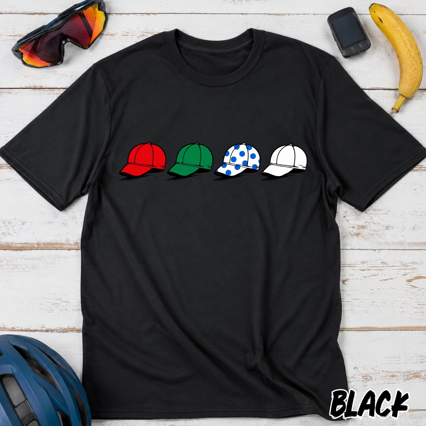 La Vuelta Leaders Jersey Caps T‑Shirt — Red Green Polka Dot White Hat Graphic Tee