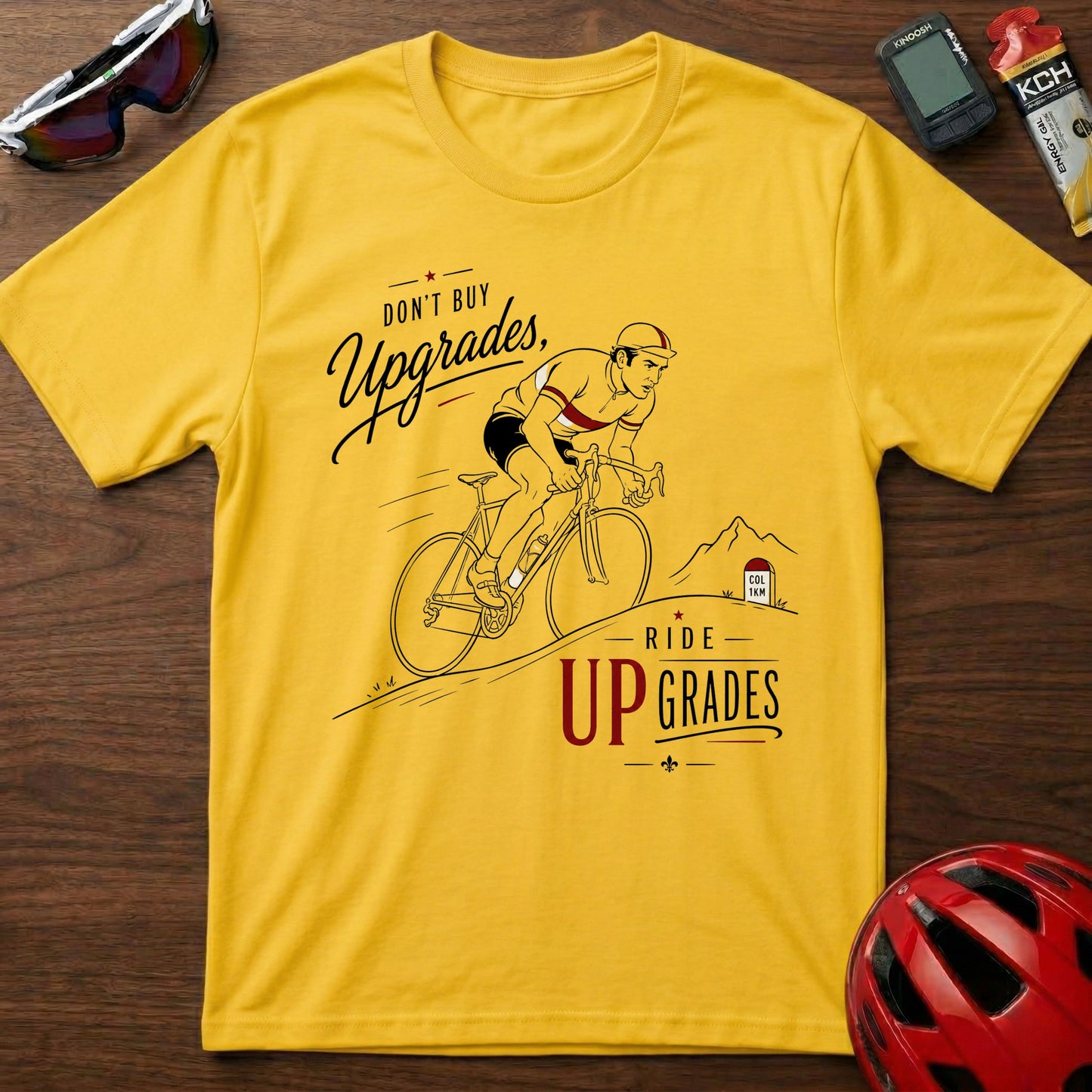 Cycling T‑Shirt — Eddie Merckx “Don’t Buy Upgrades, Ride Upgrades” Retro Bike Tee