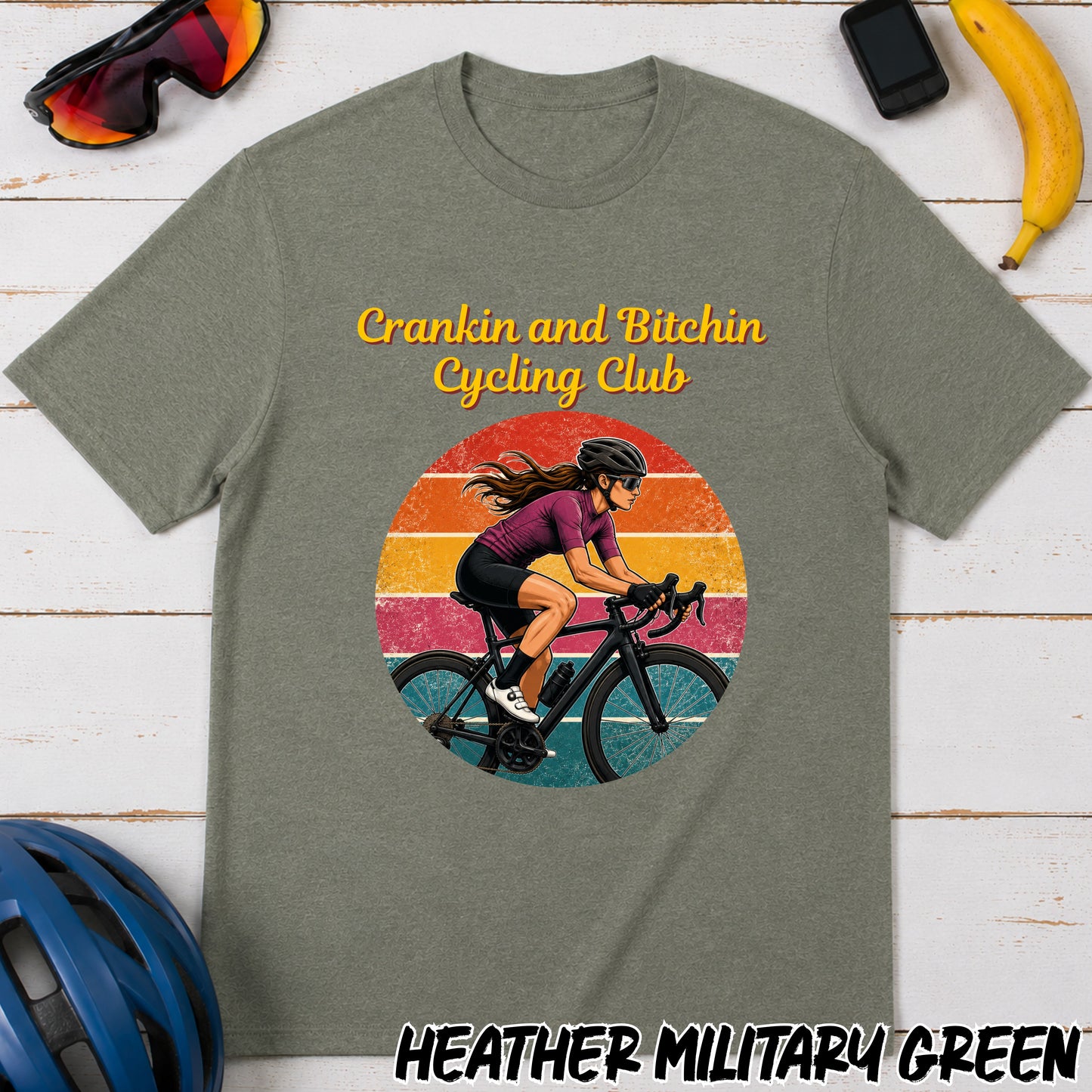 Crankin and Bitchin Cycling Club T-Shirt — Retro Female Cyclist Graphic Tee