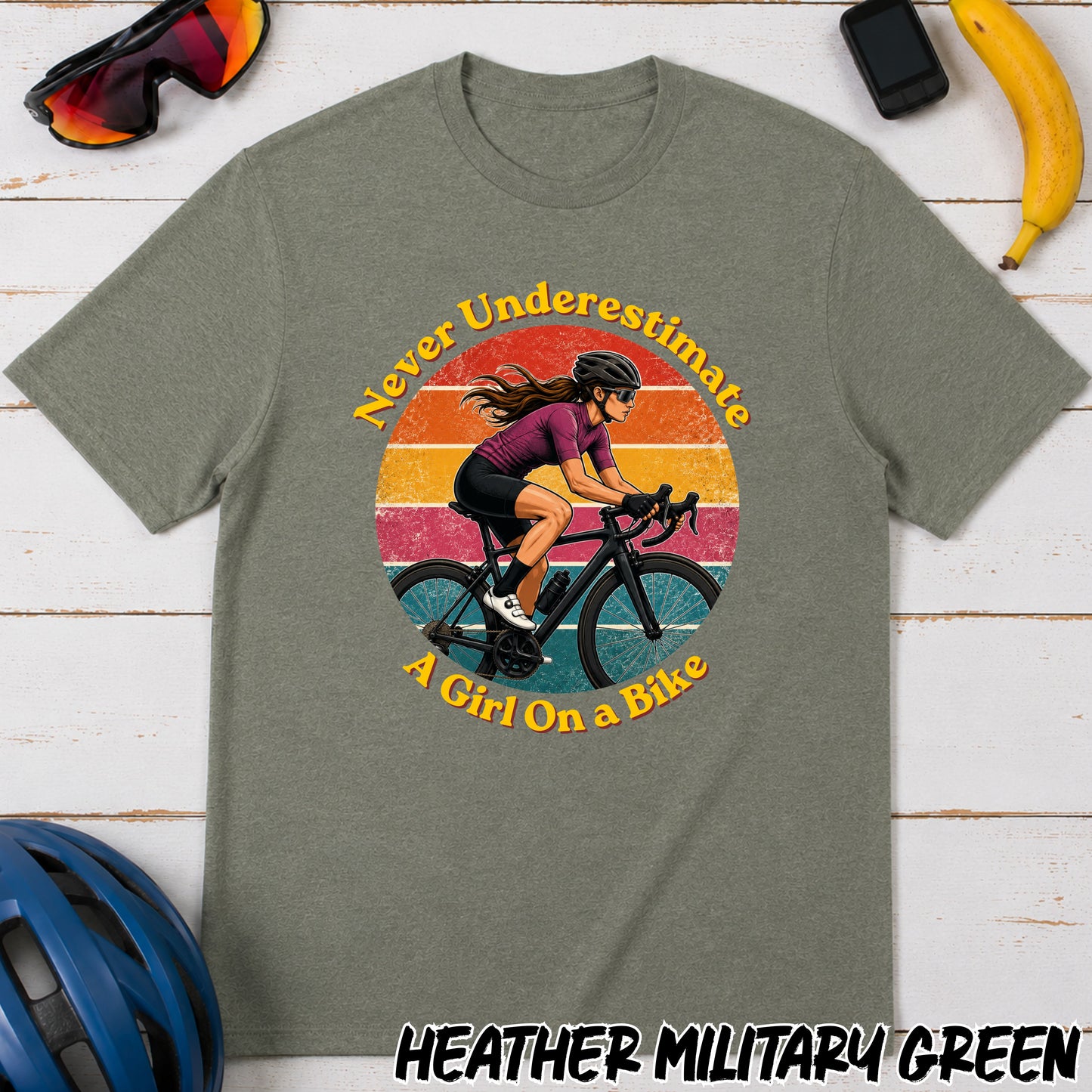 Never Underestimate A Girl On A Bike T-Shirt — Retro Cycling Tee for Women & Girls