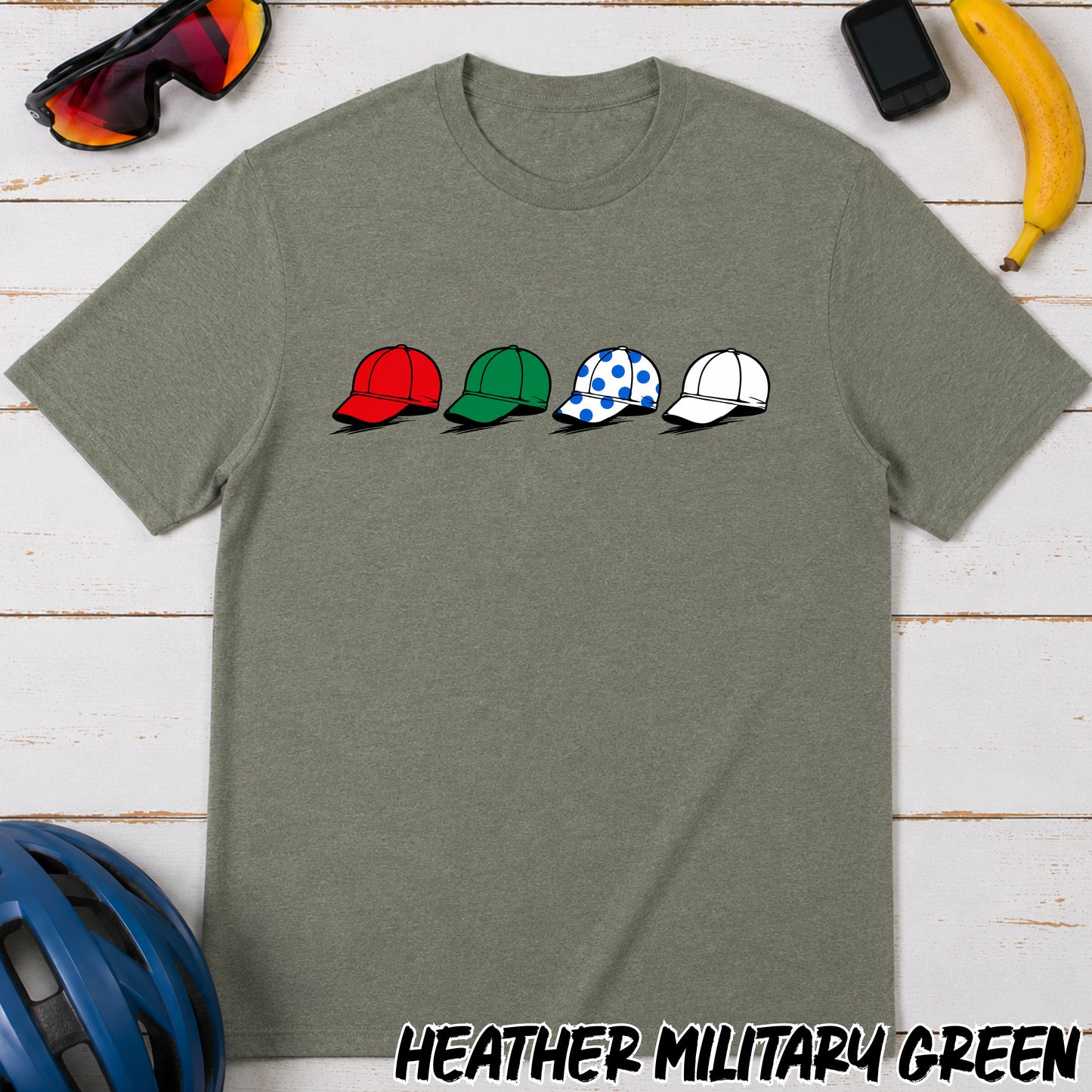 La Vuelta Leaders Jersey Caps T‑Shirt — Red Green Polka Dot White Hat Graphic Tee