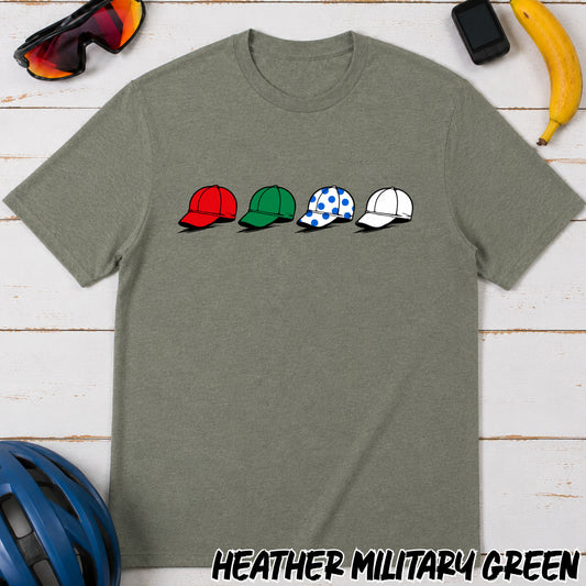 La Vuelta Leaders Jersey Caps T‑Shirt — Red Green Polka Dot White Hat Graphic Tee