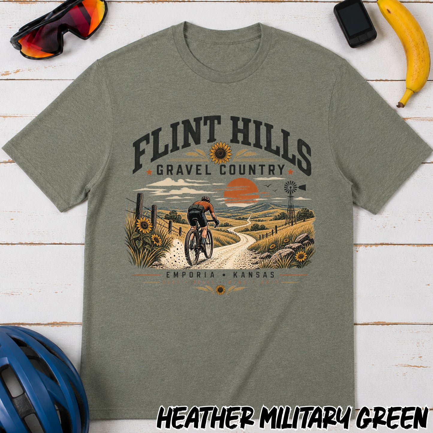 Flint Hills Gravel Country T-Shirt — Scenic Cycling Sunset Tee
