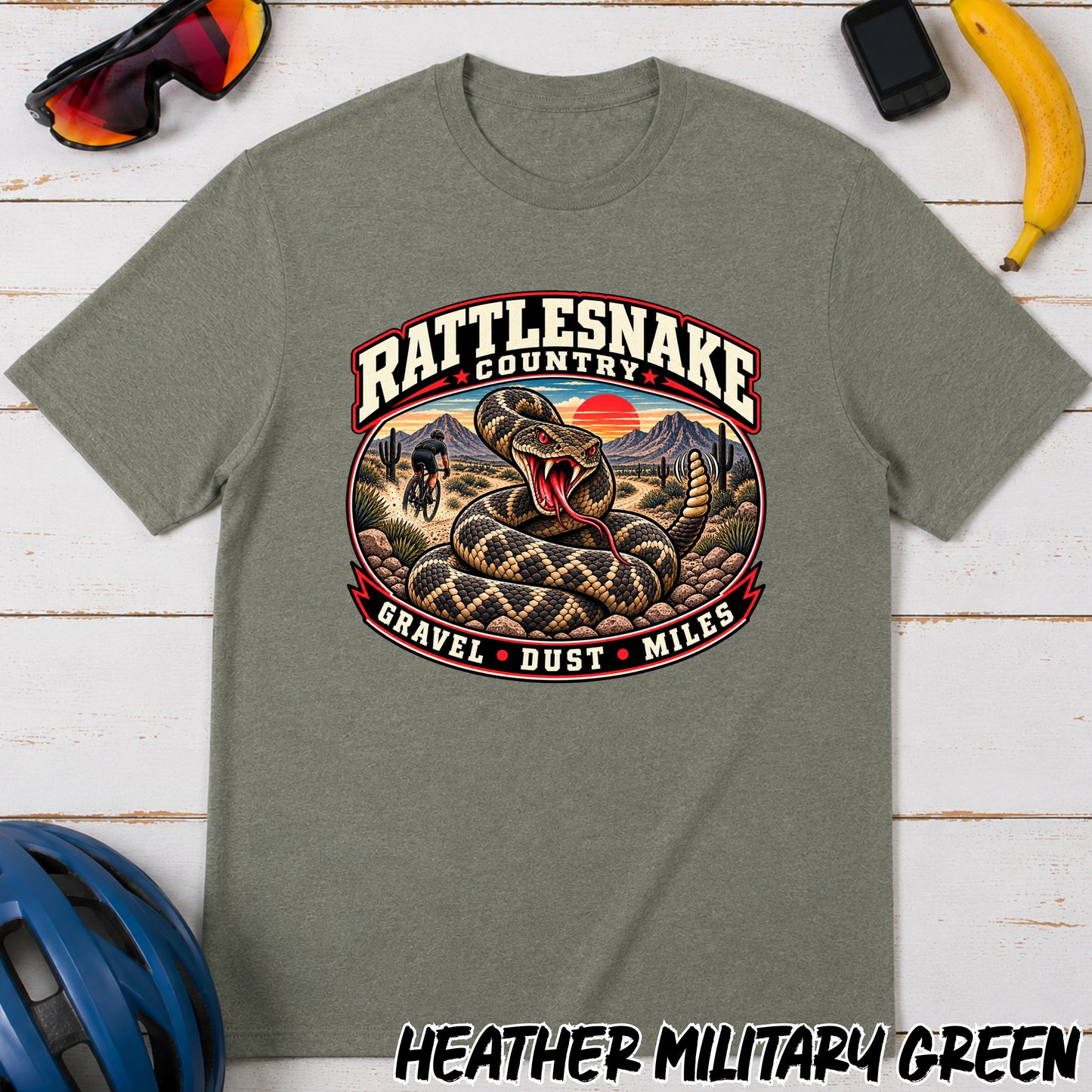 Rattlesnake Country Graphic Gravel Cycling T-Shirt — Desert Snake 'Gravel Dust Miles' Tee