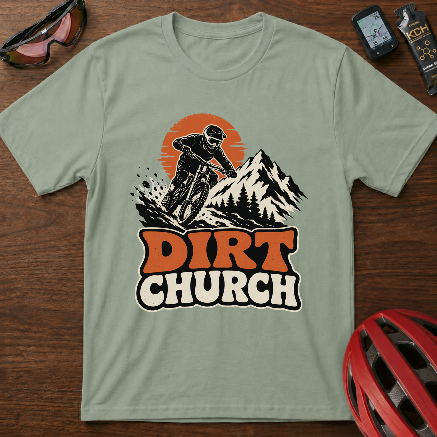 Dirt Church Mountain Biking T-Shirt — Retro Sunset MTB Tee