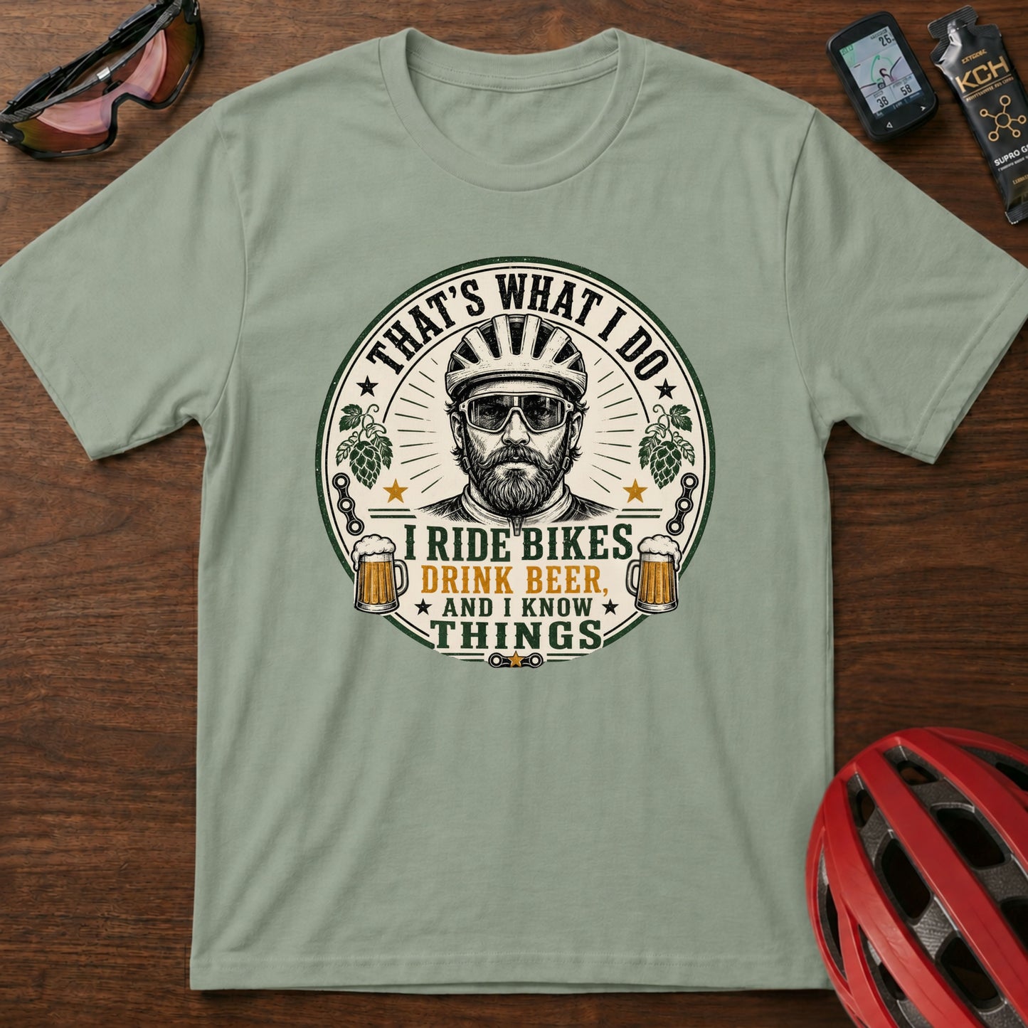 Cycling T-Shirt — “That’s What I Do, I Ride Bikes, Drink Beer, And I Know Things” Retro Cycling Tee