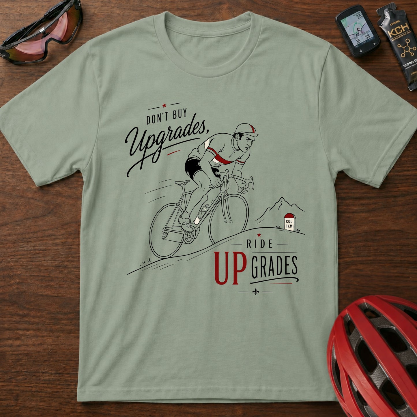 Cycling T‑Shirt — Eddie Merckx “Don’t Buy Upgrades, Ride Upgrades” Retro Bike Tee