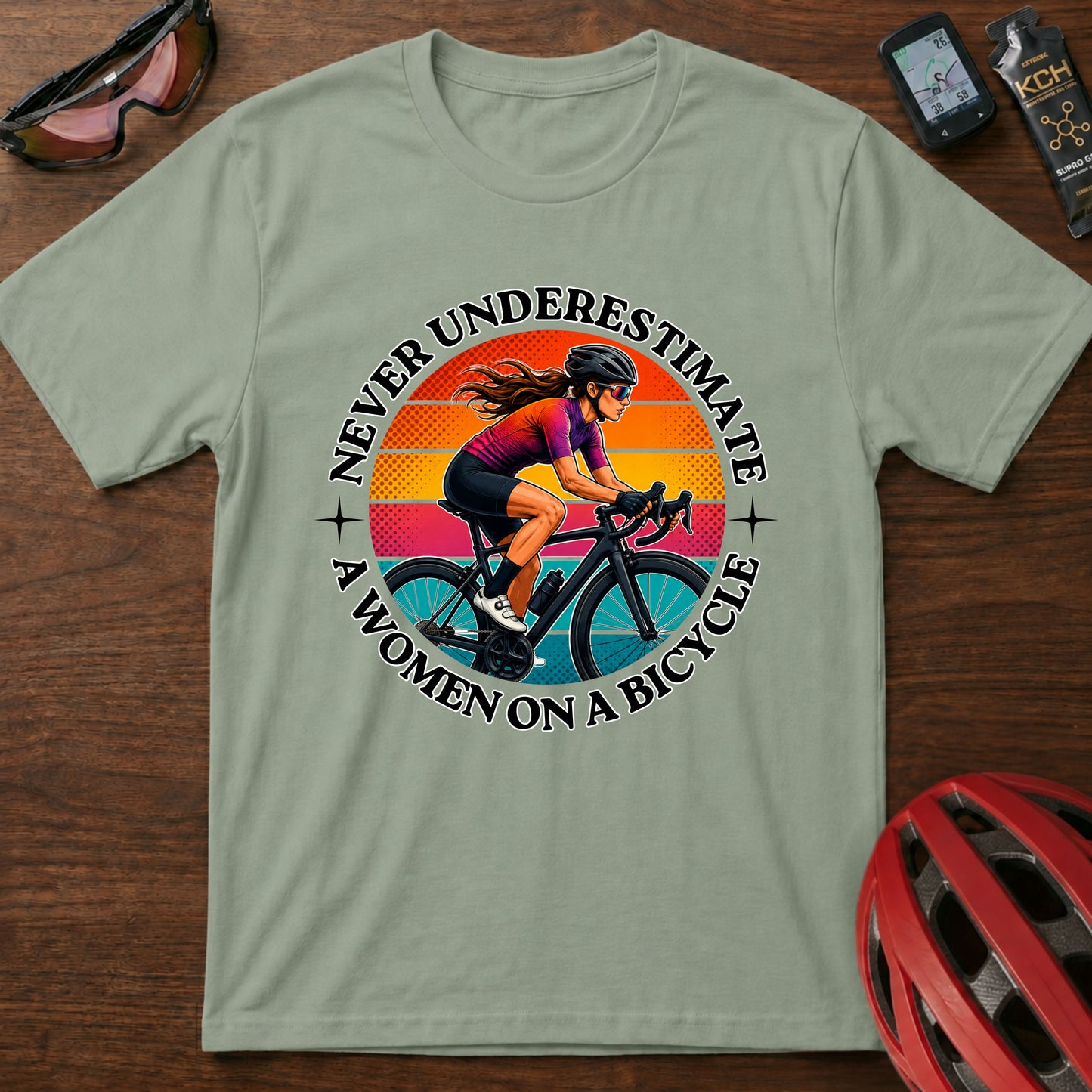 Never Underestimate A Woman On A Bicycle T-Shirt — Retro Cycling Tee for Women