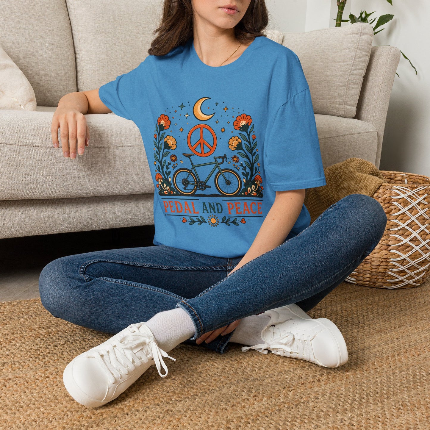 Pedal and Peace Cycling T‑Shirt — Moon, Flowers & Peace Sign Cycling Tee