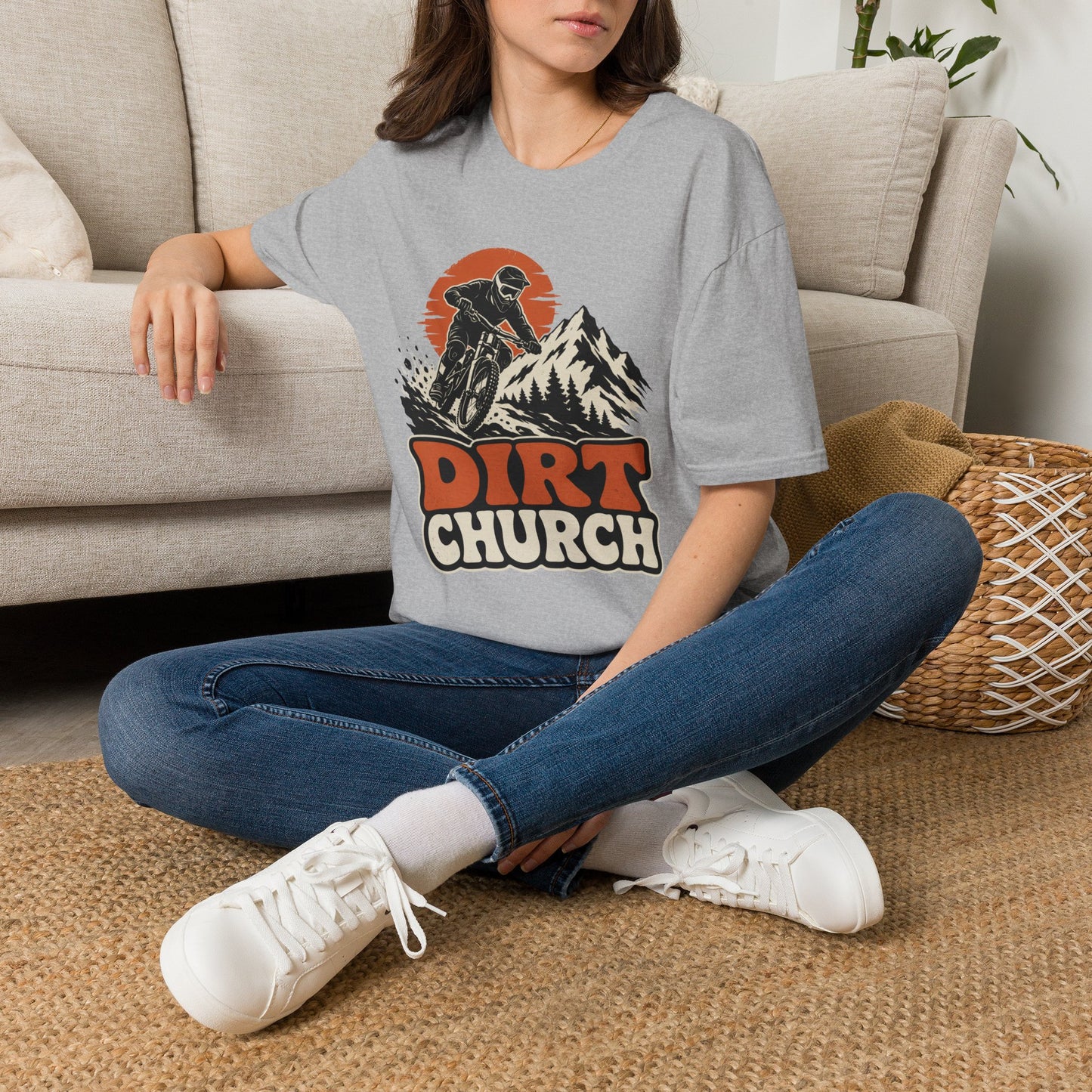 Dirt Church Mountain Biking T-Shirt — Retro Sunset MTB Tee