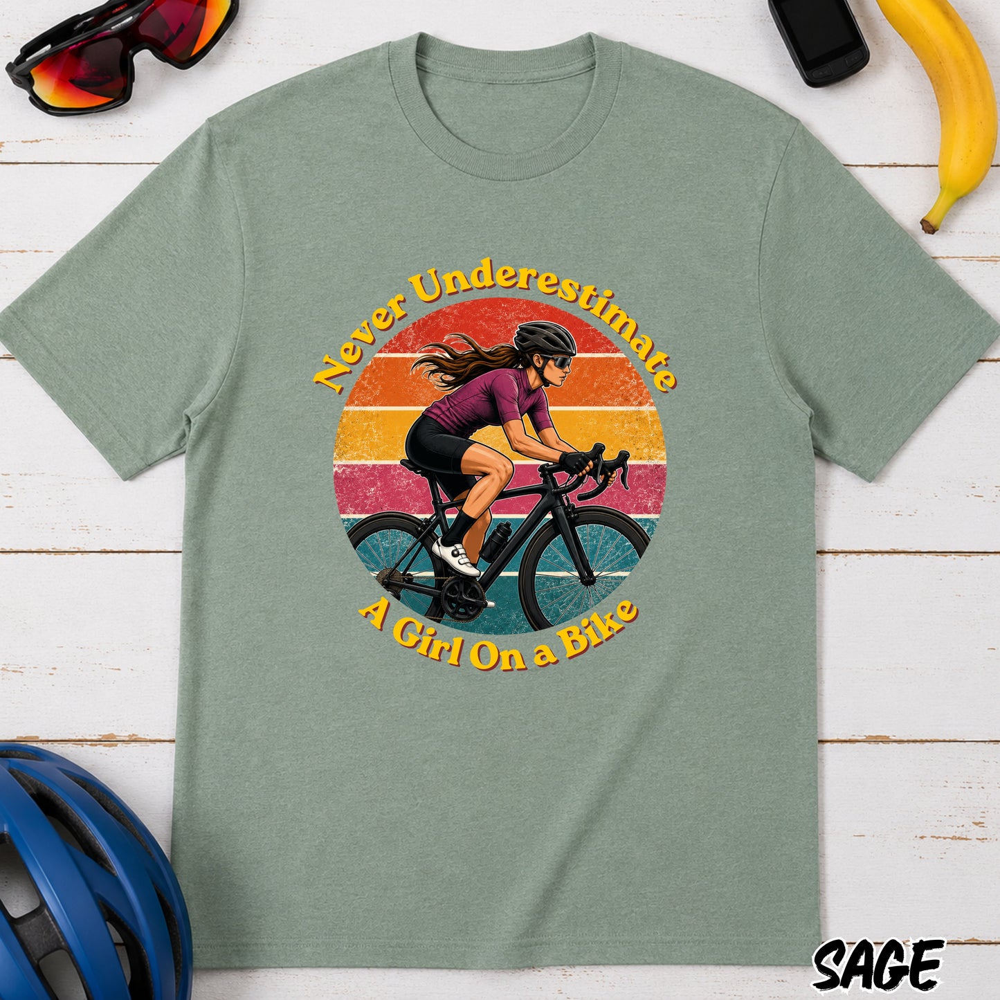 Never Underestimate A Girl On A Bike T-Shirt — Retro Cycling Tee for Women & Girls