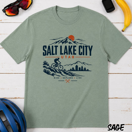 Salt Lake City Utah Vintage Mountain T-Shirt — Outdoor Bike Sunset Design