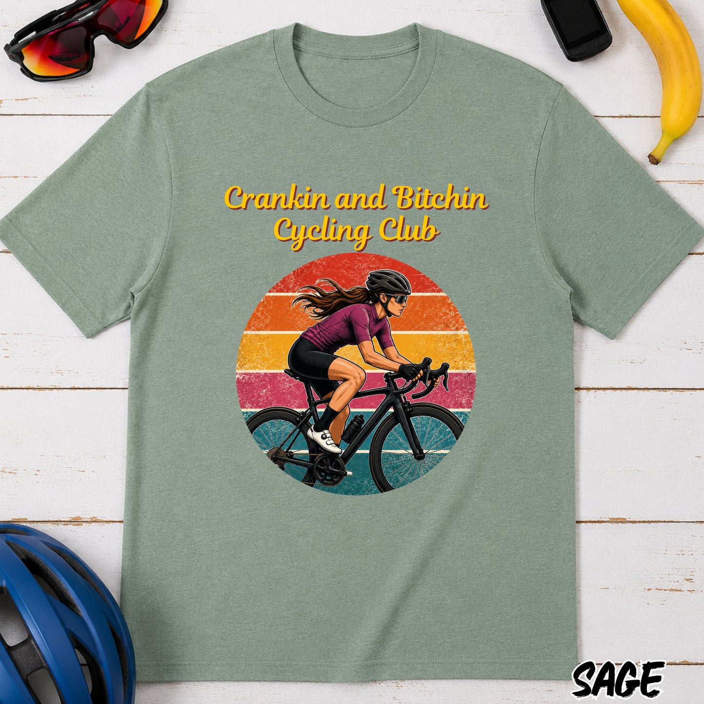 Crankin and Bitchin Cycling Club T-Shirt — Retro Female Cyclist Graphic Tee