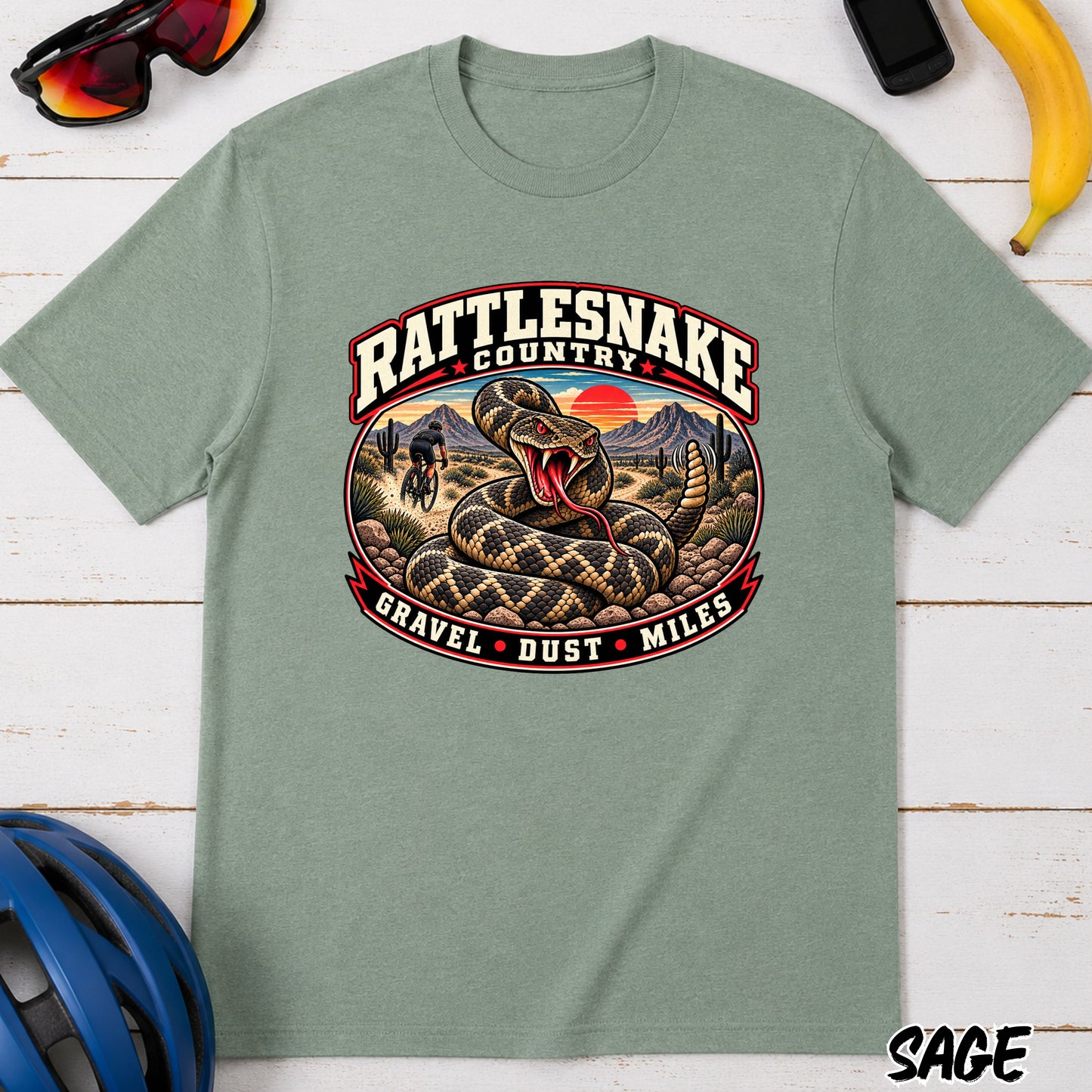 Rattlesnake Country Graphic Gravel Cycling T-Shirt — Desert Snake 'Gravel Dust Miles' Tee
