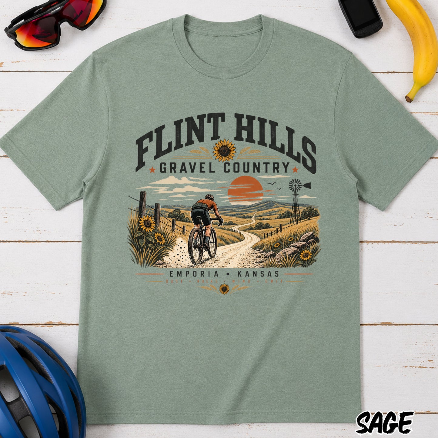 Flint Hills Gravel Country T-Shirt — Scenic Cycling Sunset Tee