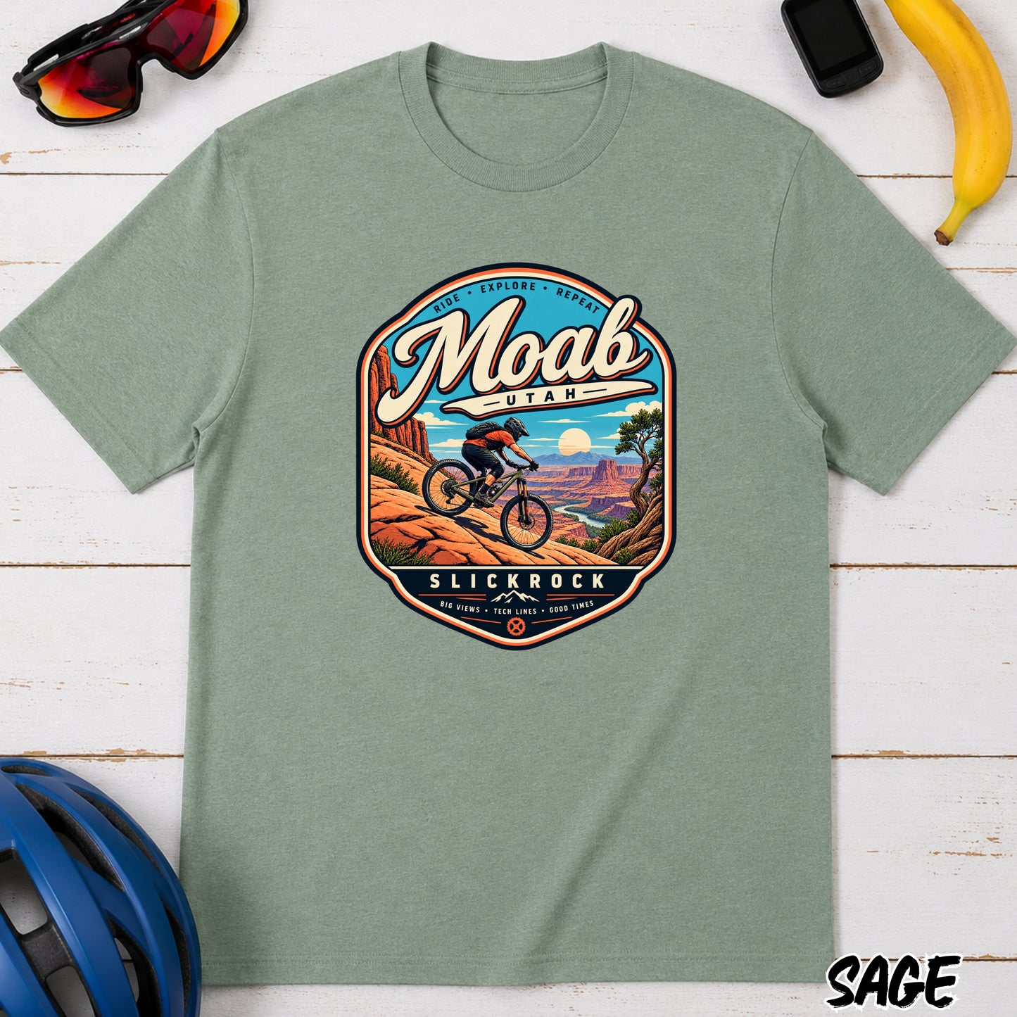 Moab Utah Mountain Biking T-Shirt — Retro Desert MTB Adventure Tee