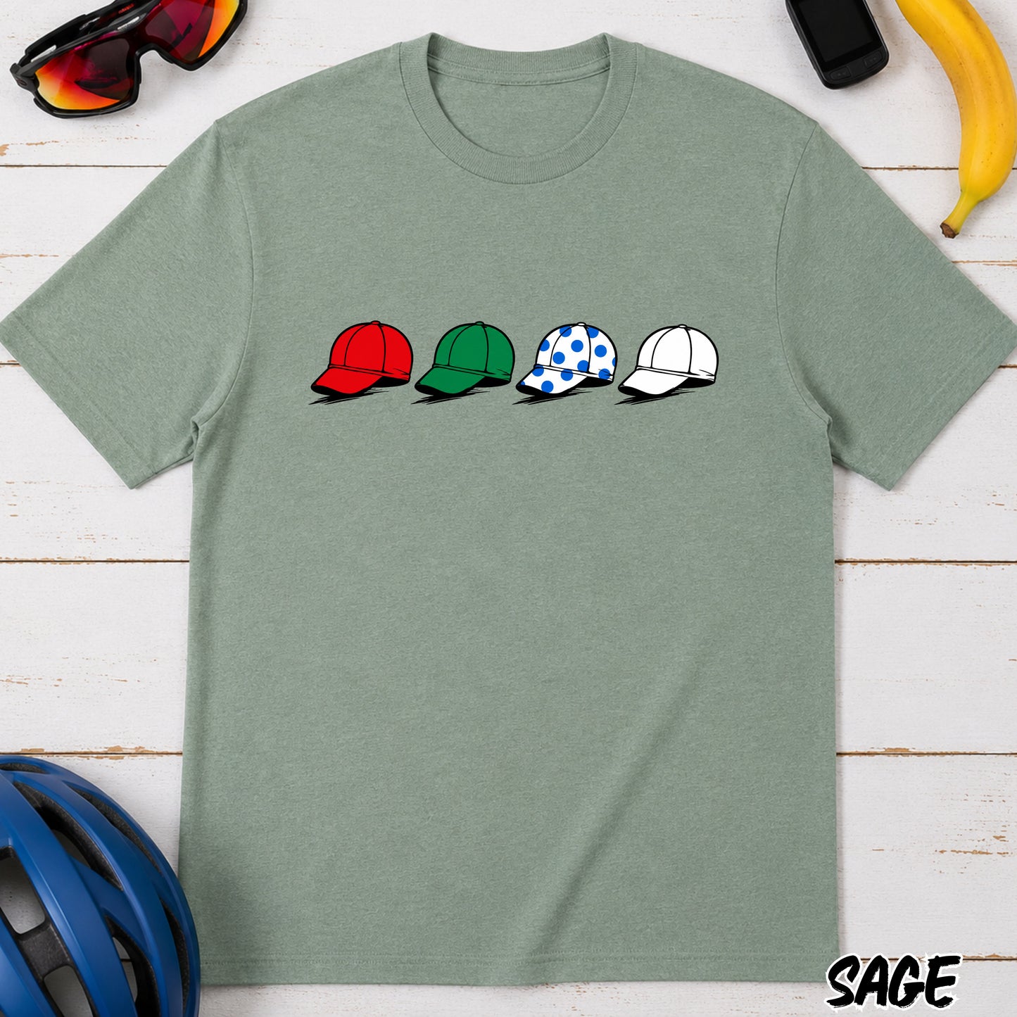 La Vuelta Leaders Jersey Caps T‑Shirt — Red Green Polka Dot White Hat Graphic Tee