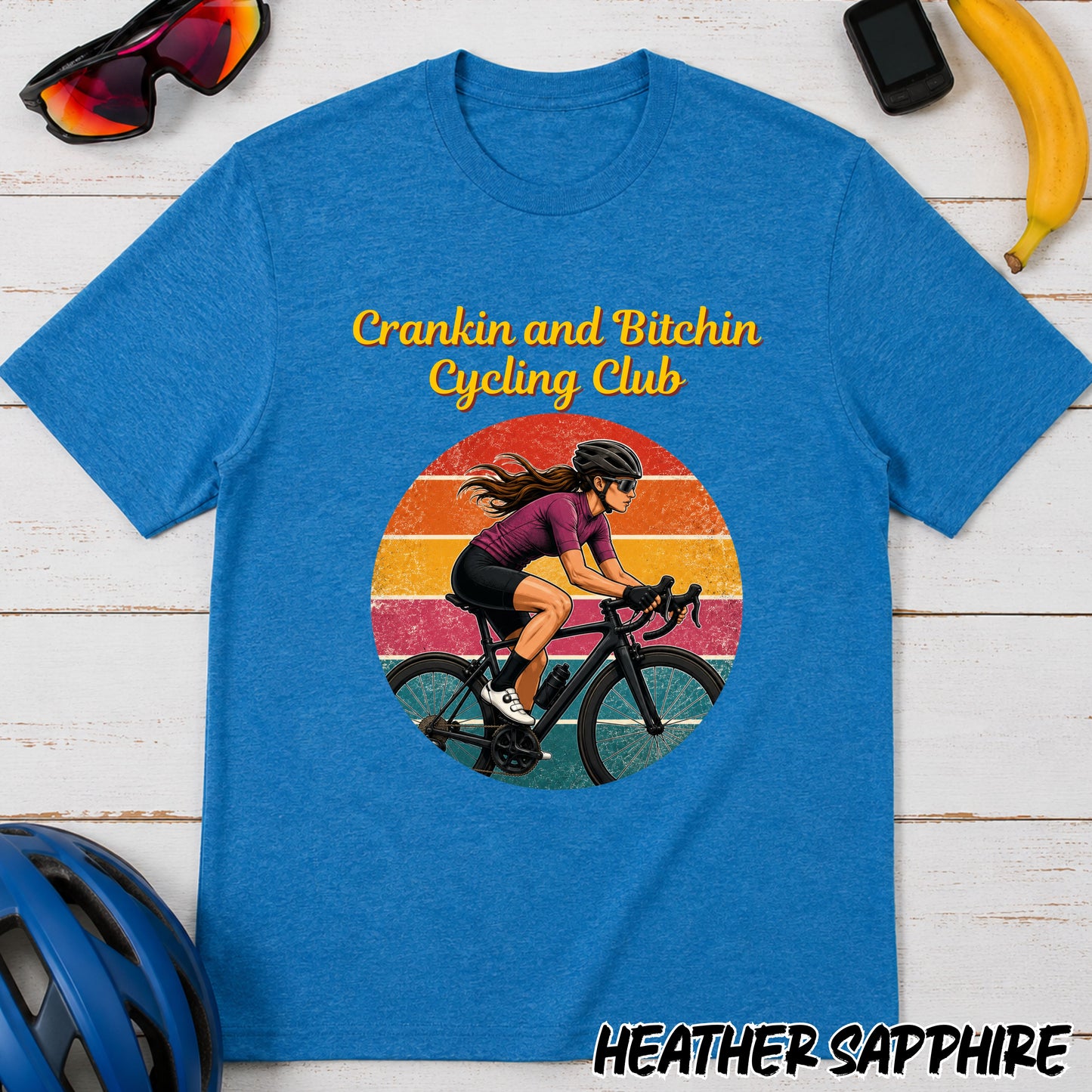 Crankin and Bitchin Cycling Club T-Shirt — Retro Female Cyclist Graphic Tee