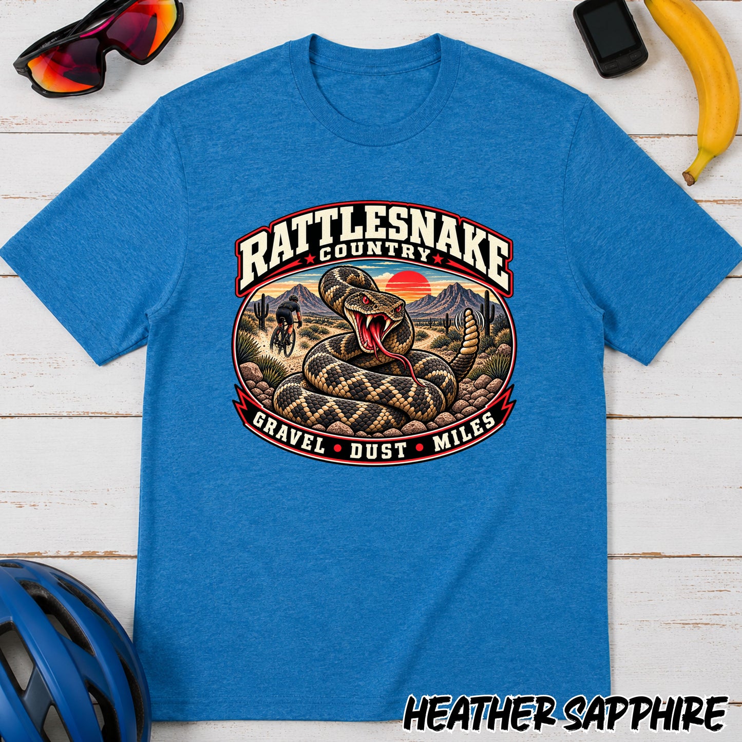 Rattlesnake Country Graphic Gravel Cycling T-Shirt — Desert Snake 'Gravel Dust Miles' Tee