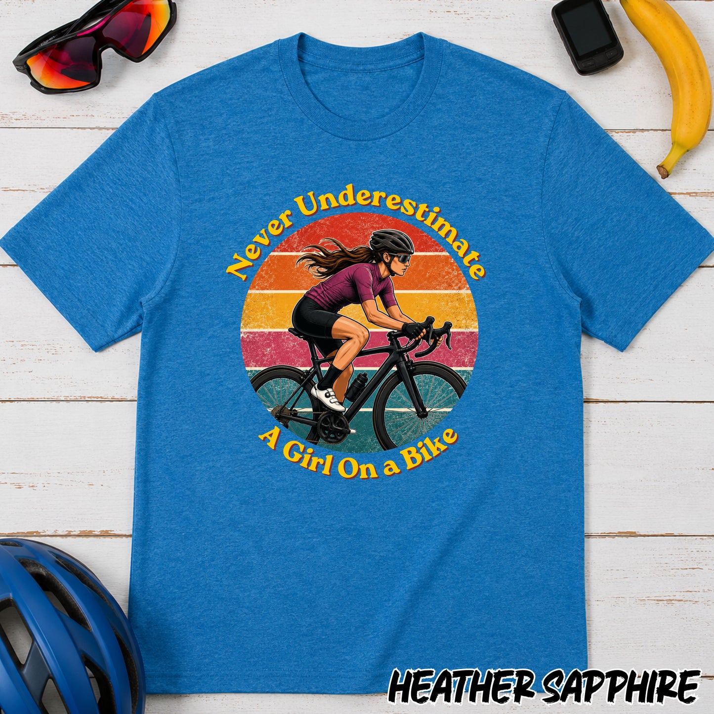 Never Underestimate A Girl On A Bike T-Shirt — Retro Cycling Tee for Women & Girls
