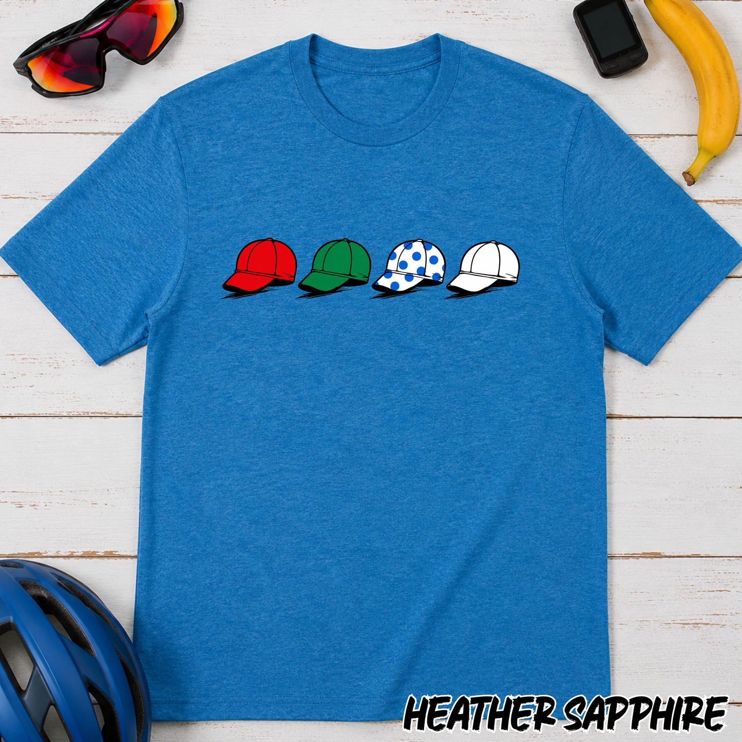 La Vuelta Leaders Jersey Caps T‑Shirt — Red Green Polka Dot White Hat Graphic Tee
