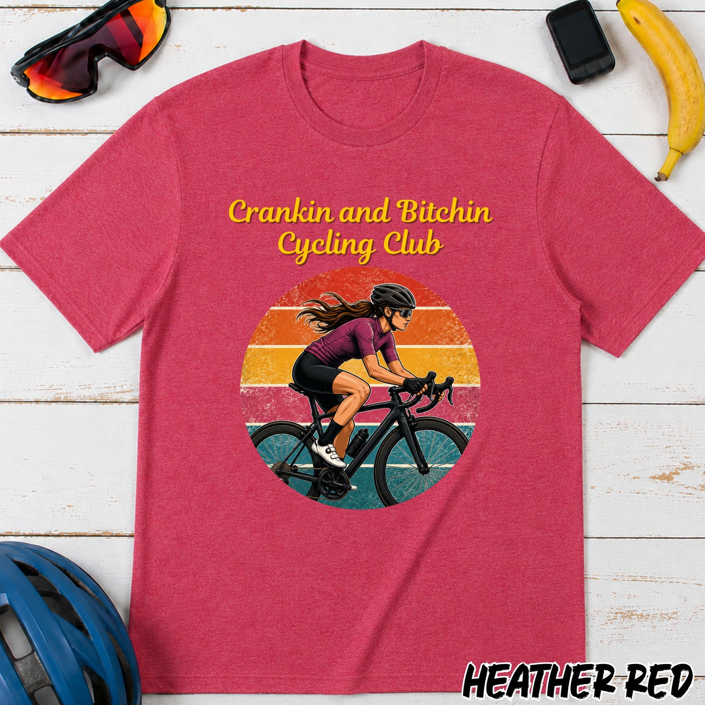 Crankin and Bitchin Cycling Club T-Shirt — Retro Female Cyclist Graphic Tee
