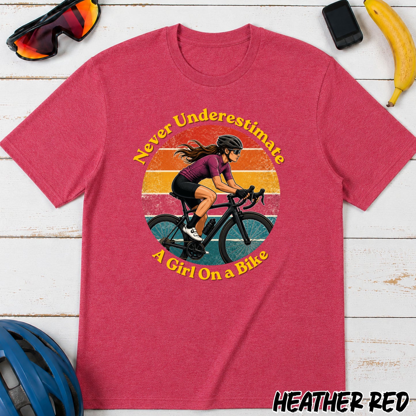 Never Underestimate A Girl On A Bike T-Shirt — Retro Cycling Tee for Women & Girls