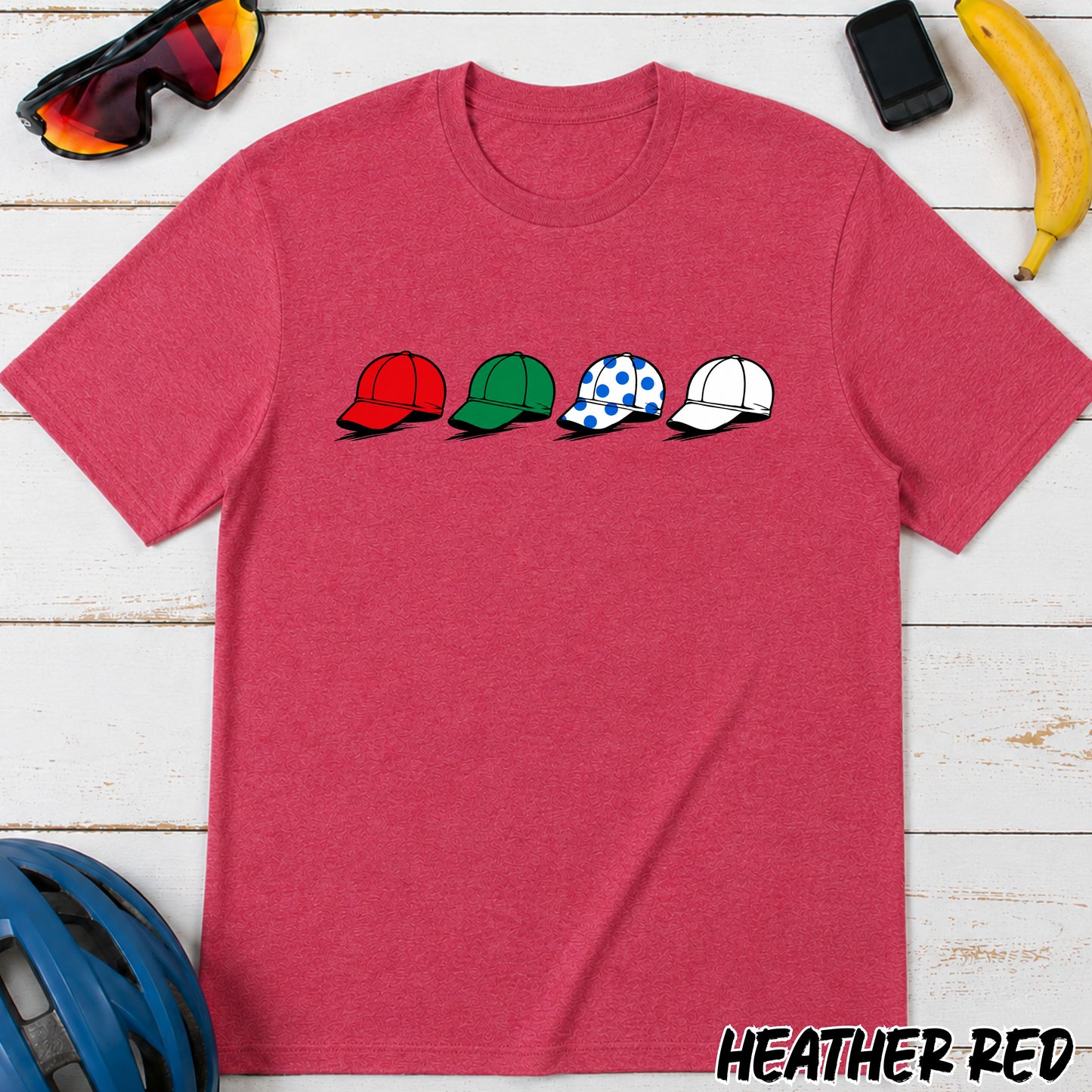La Vuelta Leaders Jersey Caps T‑Shirt — Red Green Polka Dot White Hat Graphic Tee