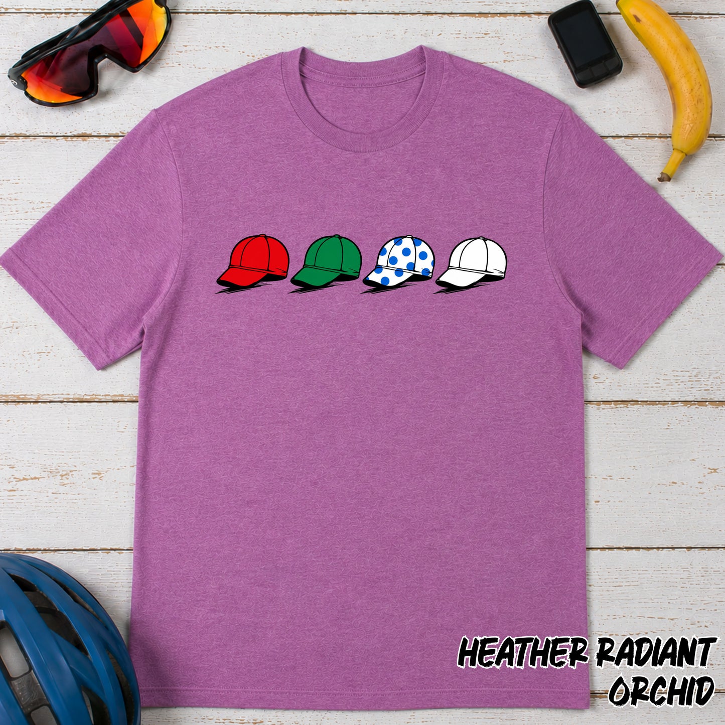 La Vuelta Leaders Jersey Caps T‑Shirt — Red Green Polka Dot White Hat Graphic Tee